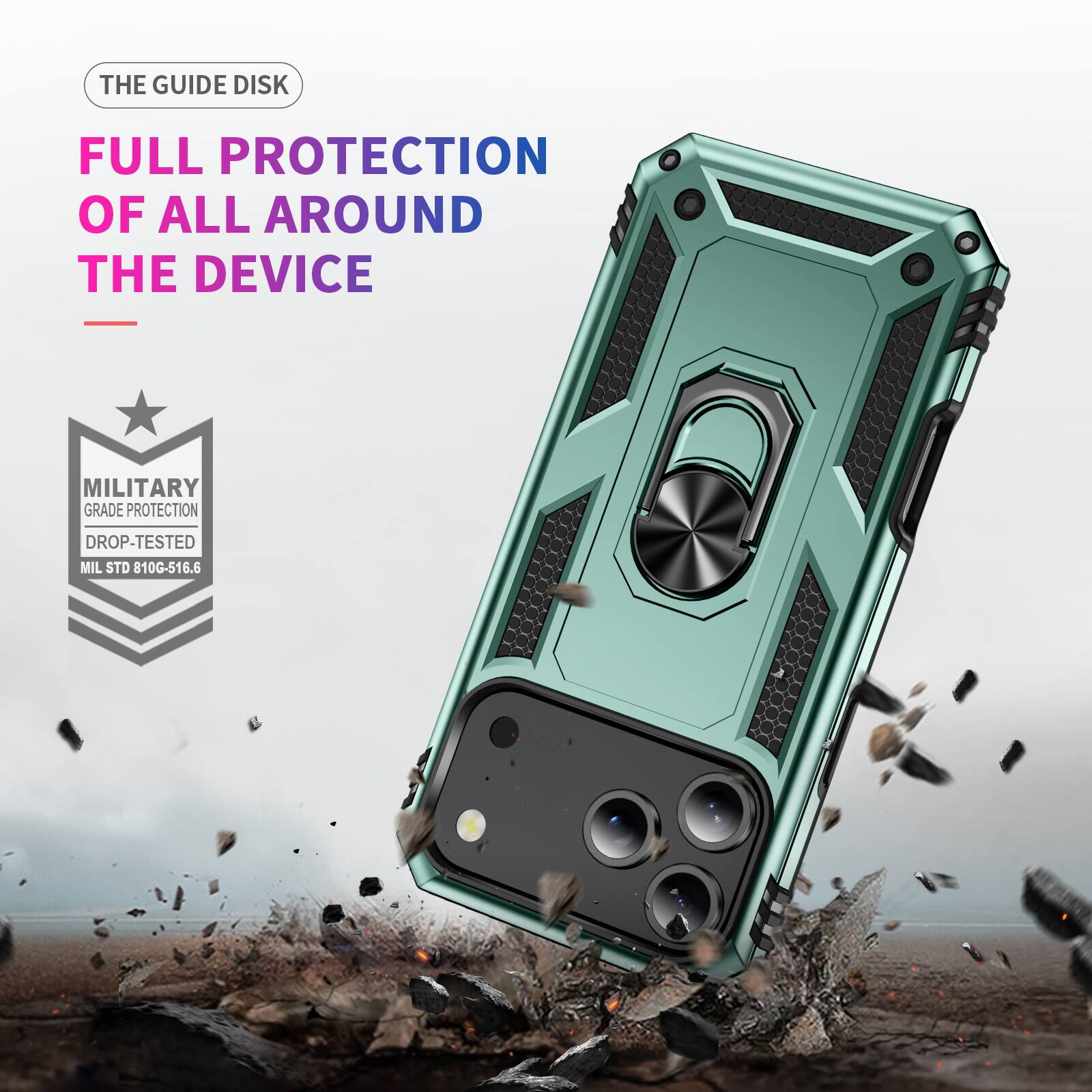THE GUIDE DISK  
FULL PROTECTION OF ALL AROUND THE DEVICE  
- MILITARY GRADE PROTECTION  
DROP-TESTED  
MIL STD 810G-516.6
