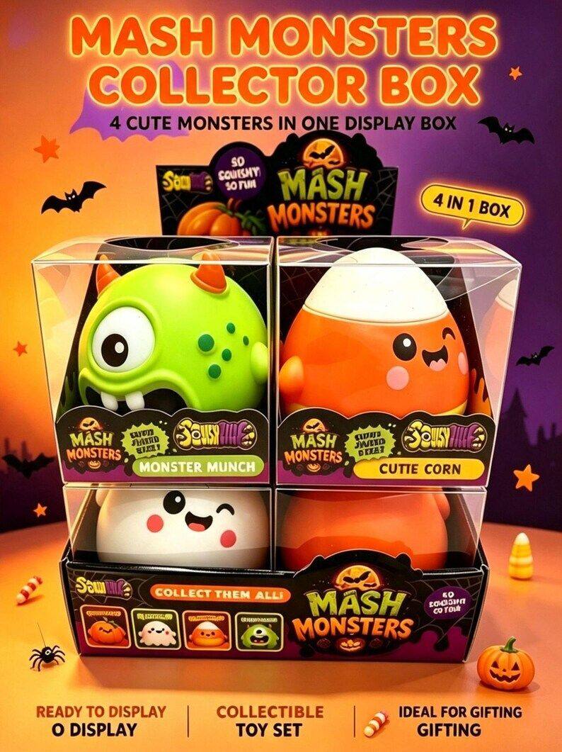 MASH MONSTERS COLLECTOR BOX  
4 CUTE MONSTERS IN ONE DISPLAY BOX

Sean  
so SQUIESMY so run MASH MONSTERS  
4 IN 1 BOX  
MASH won SMIND Saushile MASH JWIND SIDUJO MONSTERS D TAXIO MONSTERS MONSTER MUNCH CUTTE CORN  
Sam CONVERYS  
COLLECT THEM ALL! 60 MASH 8 YOUR - MONSTERS  
READY TO DISPLAY O DISPLAY  
COLLECTIBLE TOY SET  
IDEAL FOR GIFTING GIFTING