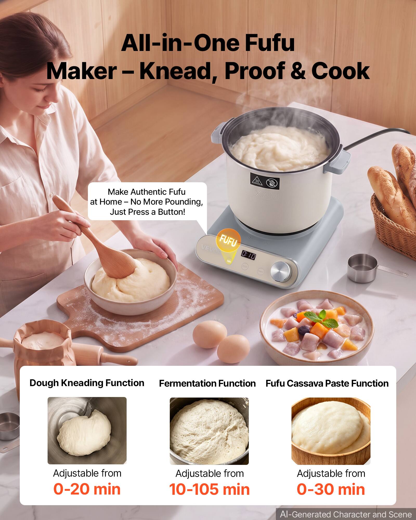 All-in-One Fufu Maker - Knead, Proof & Cook

Make Authentic Fufu at Home - No More Pounding, Just Press a Button!

MAX
FUFU VEVOR 0: 10

Dough Kneading Function
Adjustable from 0-20 min

Fermentation Function
Adjustable from 10-105 min

Fufu Cassava Paste Function
Adjustable from 0-30 min

AI-Generated Character and Scene