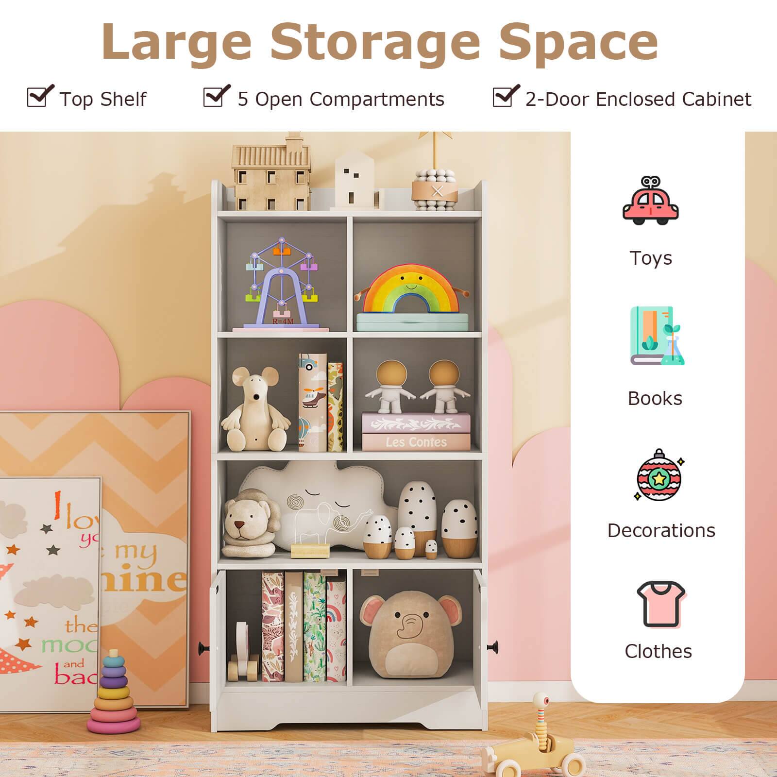Large Storage Space  
- Top Shelf  
- 5 Open Compartments  
- 2-Door Enclosed Cabinet  

Toys  
Books  
Decorations  
Clothes