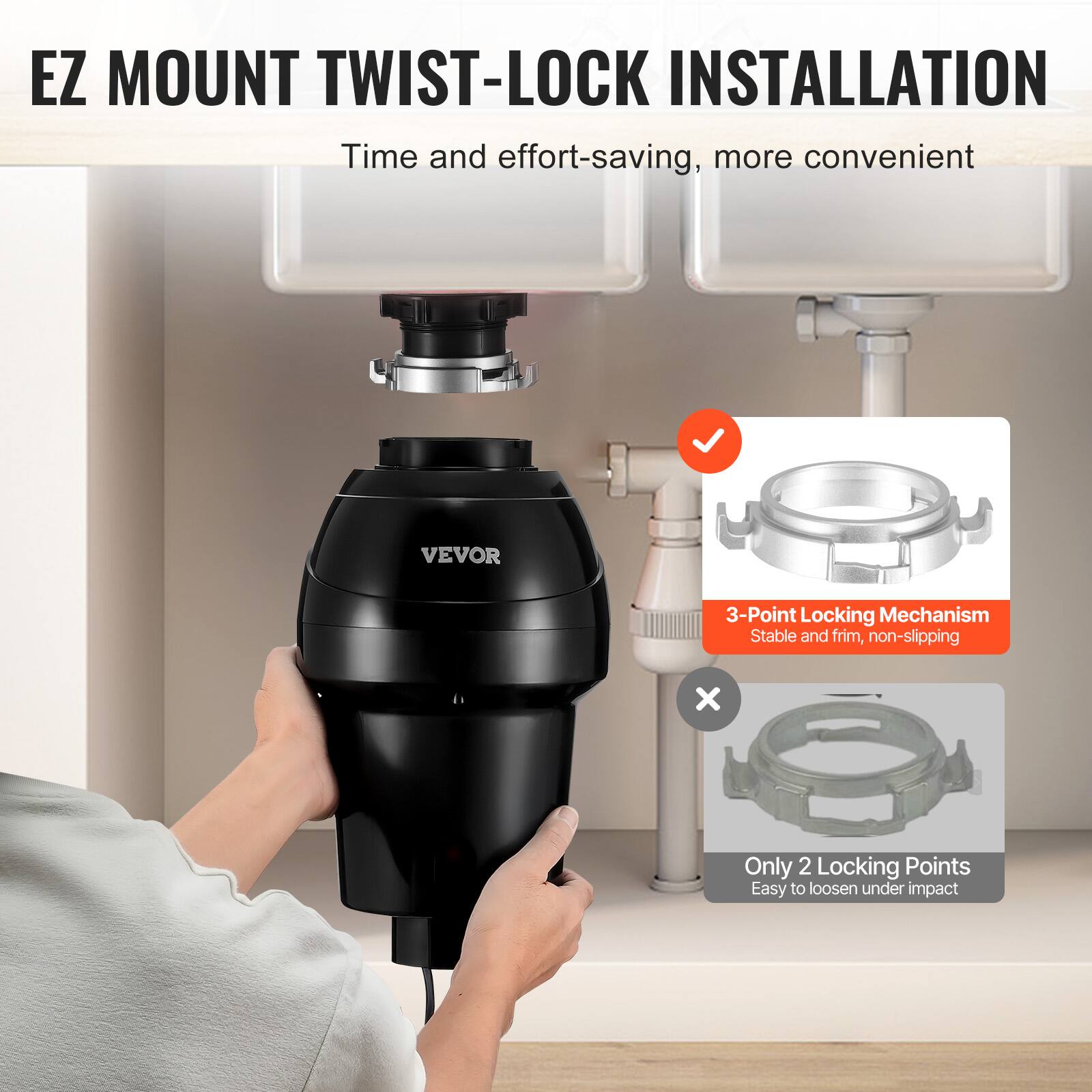EZ MOUNT TWIST-LOCK INSTALLATION  
Time and effort-saving, more convenient  

VEVOR 3-Point Locking Mechanism  
Stable and firm, non-slipping  

Only 2 Locking Points  
Easy to loosen under impact