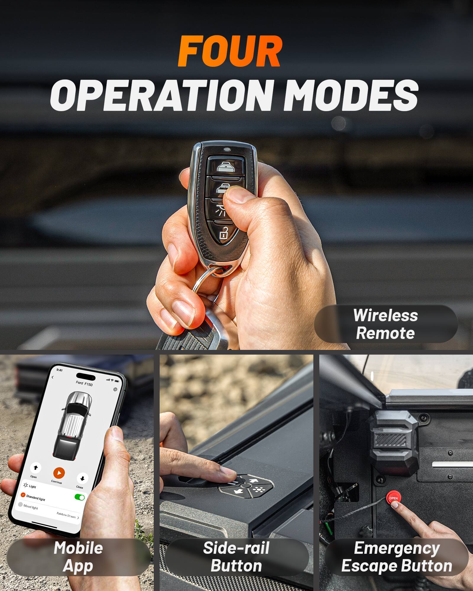 FOUR OPERATION MODES

Wireless Remote

Mobile App

Side-rail Button

Emergency Escape Button