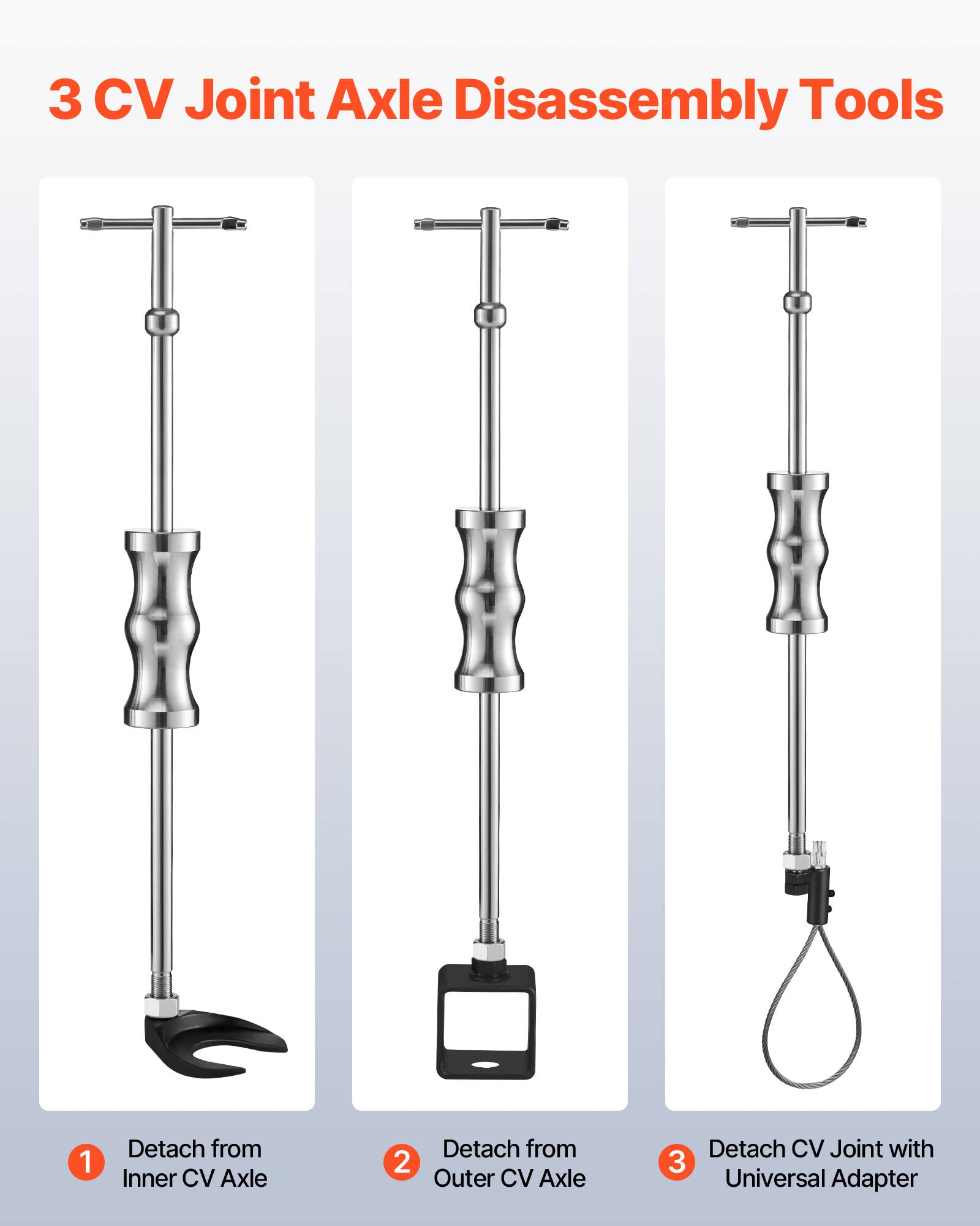 3 CV Joint Axle Disassembly Tools

1. Detach from Inner CV Axle
2. Detach from Outer CV Axle
3. Detach CV Joint with Universal Adapter