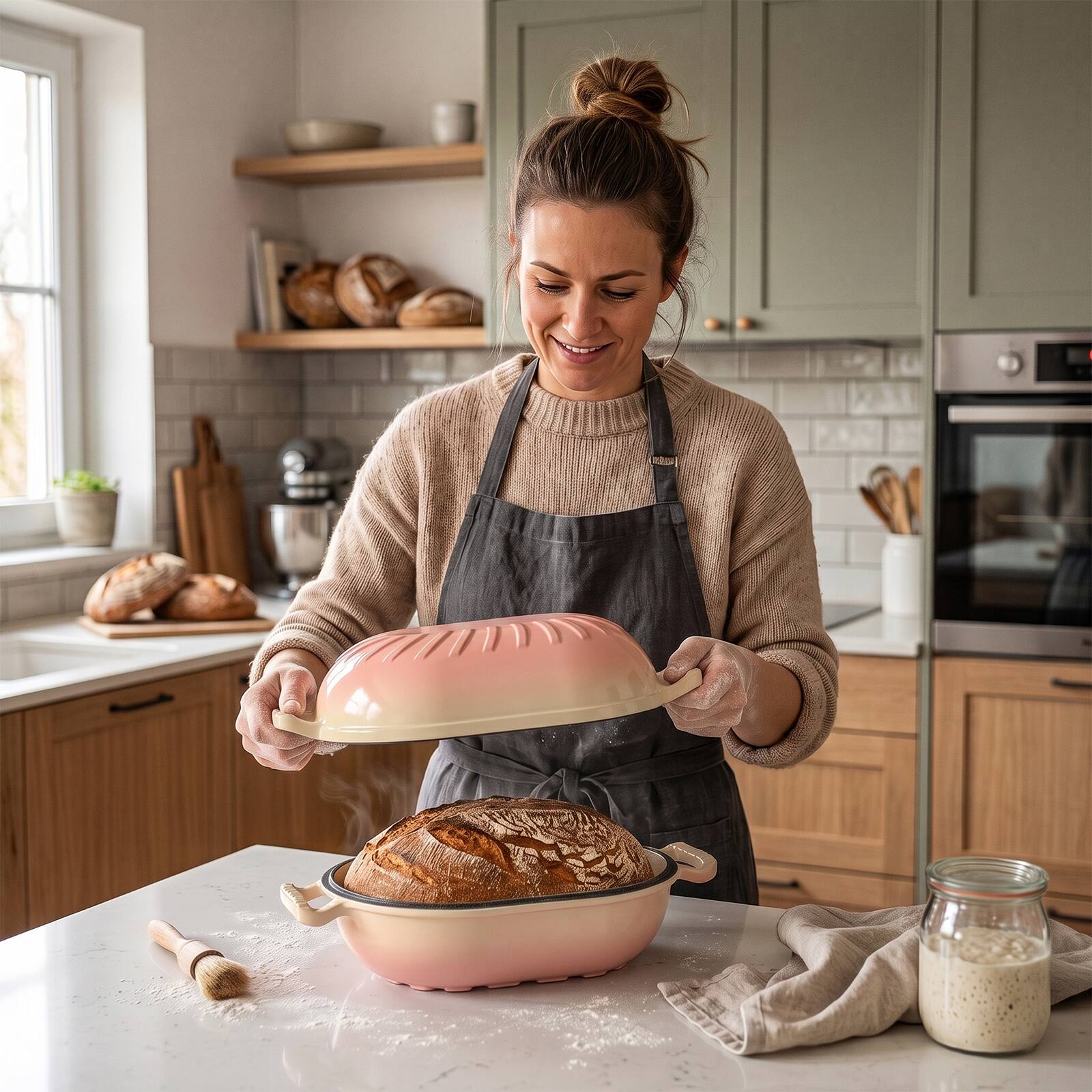 Left. Winado - 5QT Candy Shaped Enameled Cast Iron Oval Dutch Oven with Lid, Heat-Resistant Gloves, Pot Mat for Baking Bread, Roasting - Rose Pink.