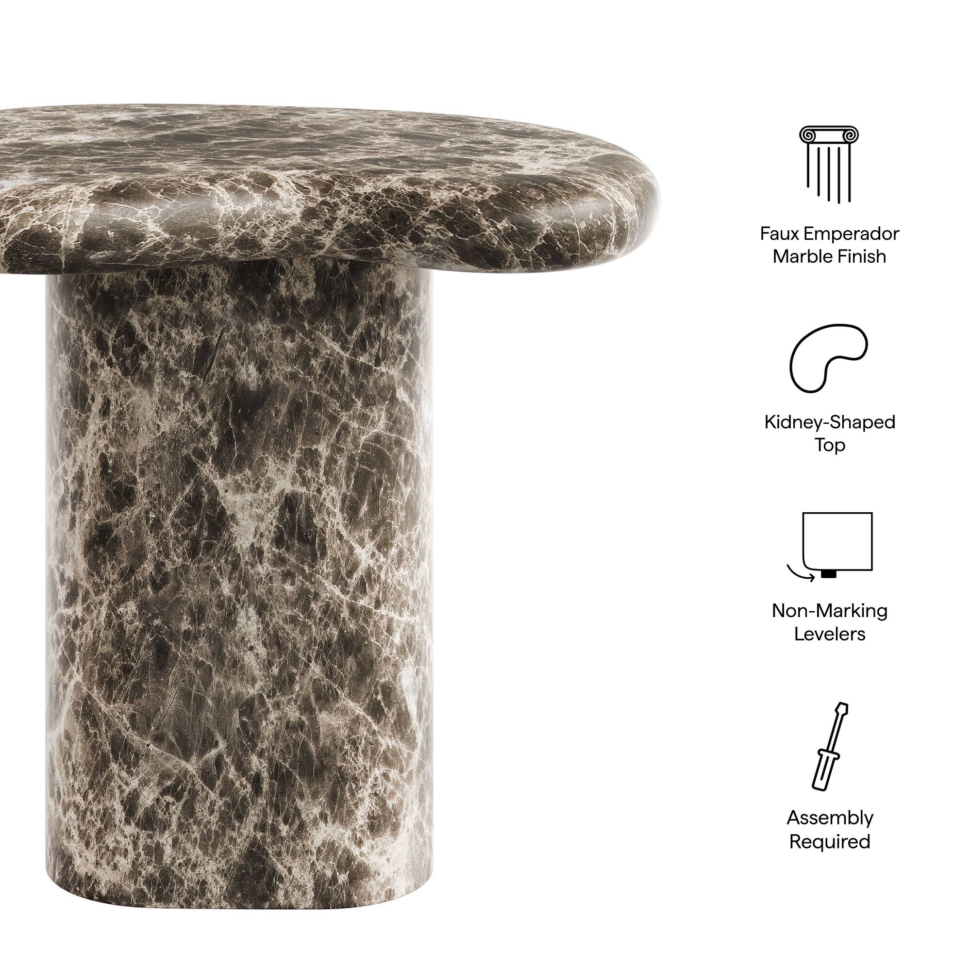 Faux Emperador Marble Finish  
Kidney-Shaped Top  
Non-Marking Levelers  
Assembly Required