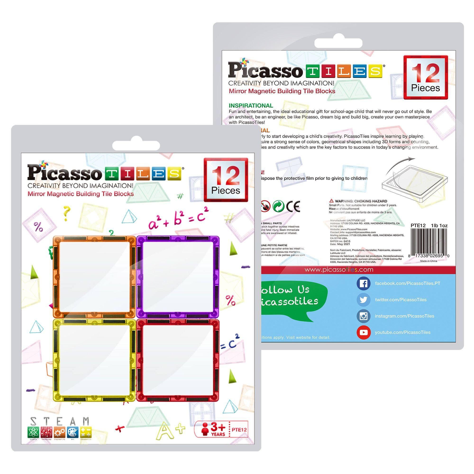 **Picasso Tiles**

**Creativity Beyond Imagination!**

**Mirror Magnetic Building Tile Blocks**

**12 Pieces**

**Inspirational**

*The ideal educational gift for school-age children that will never go out of style. Be an architect, be an engineer, be like Picasso, dream big and build big. Create your own masterpiece with PicassoTiles!*

*Try to start developing a child's creativity. PicassoTiles inspire learning by playing. Use a strong sense of colors and geometrical shapes including 30 forms and counting. These are creativity which are the key factors to success in today's changing environment.*

**PicassoTiles Tips**

**12 Creativity Beyond Imagination! Mirror Tile Blocks 12 Pieces**

**Warning: Choking Hazard - Small parts. Not for children under 3 years.**

*Remove the protective film prior to giving to children.*

**STEAM**

**3+ Years**

**www.picassotiles.com**

**Follow Us**

*Facebook: facebook.com/PicassoTiles.PT*

*Twitter: twitter.com/PicassoTiles*

*Instagram: instagram.com/PicassoTiles*

*YouTube: youtube.com/PicassoTiles*

**PTE12**

**11.0 oz**

**Made
