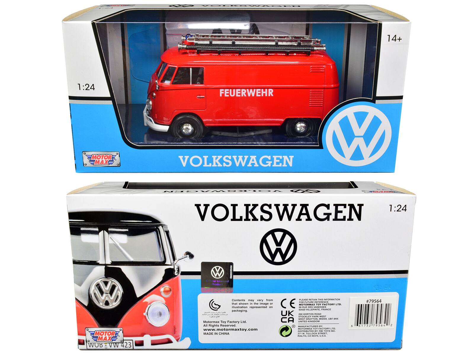 Sure, here is the corrected and grouped text from the image:

---

**Front Side:**

- 1:24
- 14+
- FEUERWEHR
- VOLKSWAGEN
- MOTOR MAX
- WUB: VW 423

**Back Side:**

- VOLKSWAGEN
- 1:24
- MOTOR MAX
- Official Licensed Product
- Contents may vary from that shown in the image or illustration represented on packaging.
- Motormax Toy Factory Ltd. All Rights Reserved. www.motormaxtoy.com
- MADE IN CHINA
- CE
- UK
- PLEASE RETAIN THIS INFORMATION FOR FUTURE REFERENCE
- 20 HORTON STREET, MIDDX, UK
- MANUFACTURED BY: MOTORMAX TOY FACTORY LTD.
- 125555555555555555555555555555555555555555555555555555555555555555555555555555