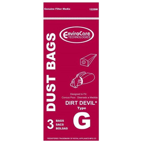 Genuine Filter Media  
122SW  
EnviroCare TECHNOLOGIES BAGS  

DUST BAGS  
Designed to Fit: DIRT DEVIL*  
Type G  

3 BAGS  
SACS  
BOLSAS  

REGISTERED TRADEMARK OF ROYAL APPLIANCE MFG. CO.