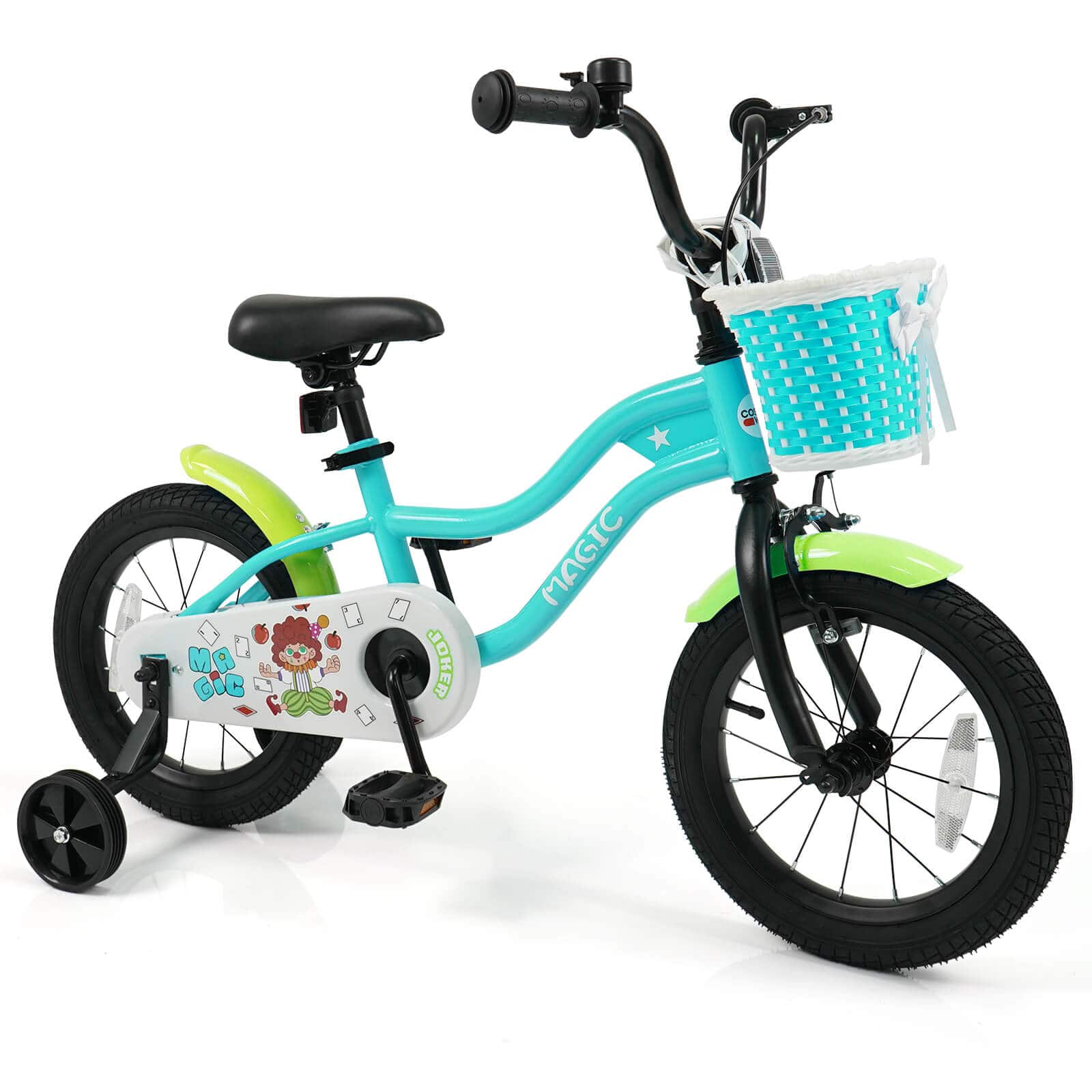 Costway - 14" Kids Bike with Training Wheels, Basket, Hand & Coaster Brakes, Adjustable Seat - Green