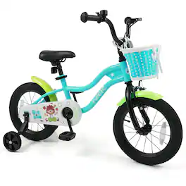 Costway - 14" Kids Bike with Training Wheels, Basket, Hand & Coaster Brakes, Adjustable Seat - Green