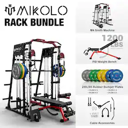 Mikolo - Smith Machine,2200 lbs Power Rack Cage,Power Rack with 800LB Capacity Weight Bench and 230 lbs Weight Plate - Red