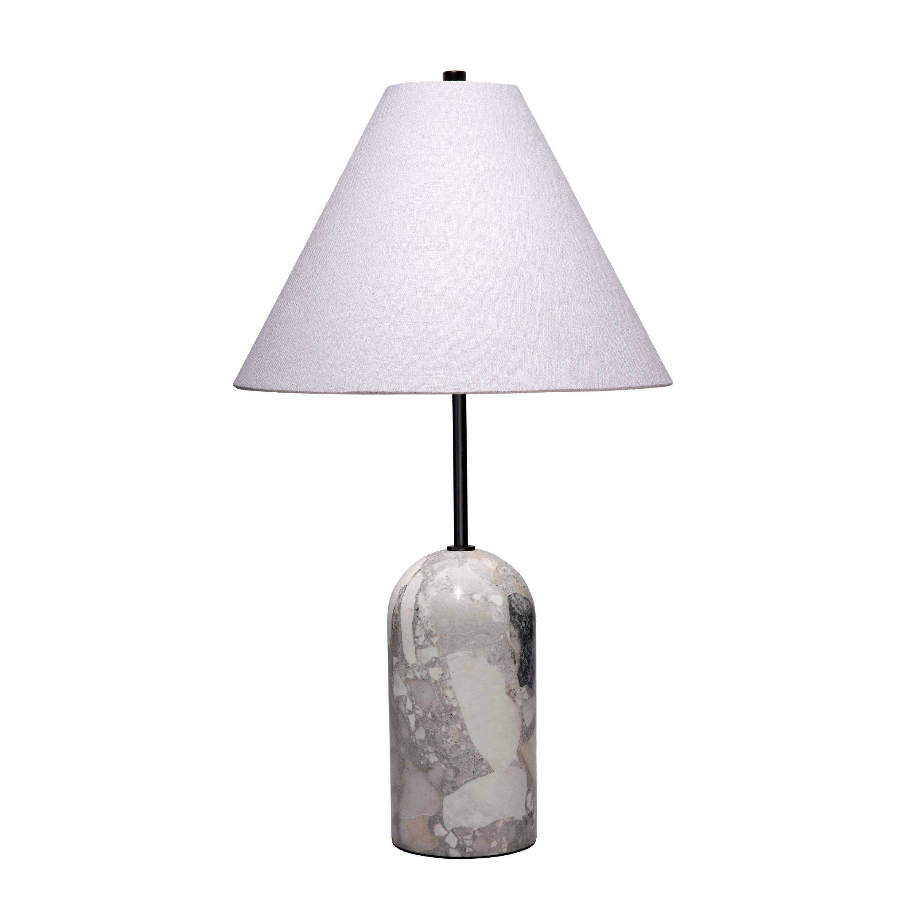 Front. Manhattan Lane - Hely Accent Table Lamp, Linen Cone Shade, Travertine Stone 28 Inch - Gray, White, Black.