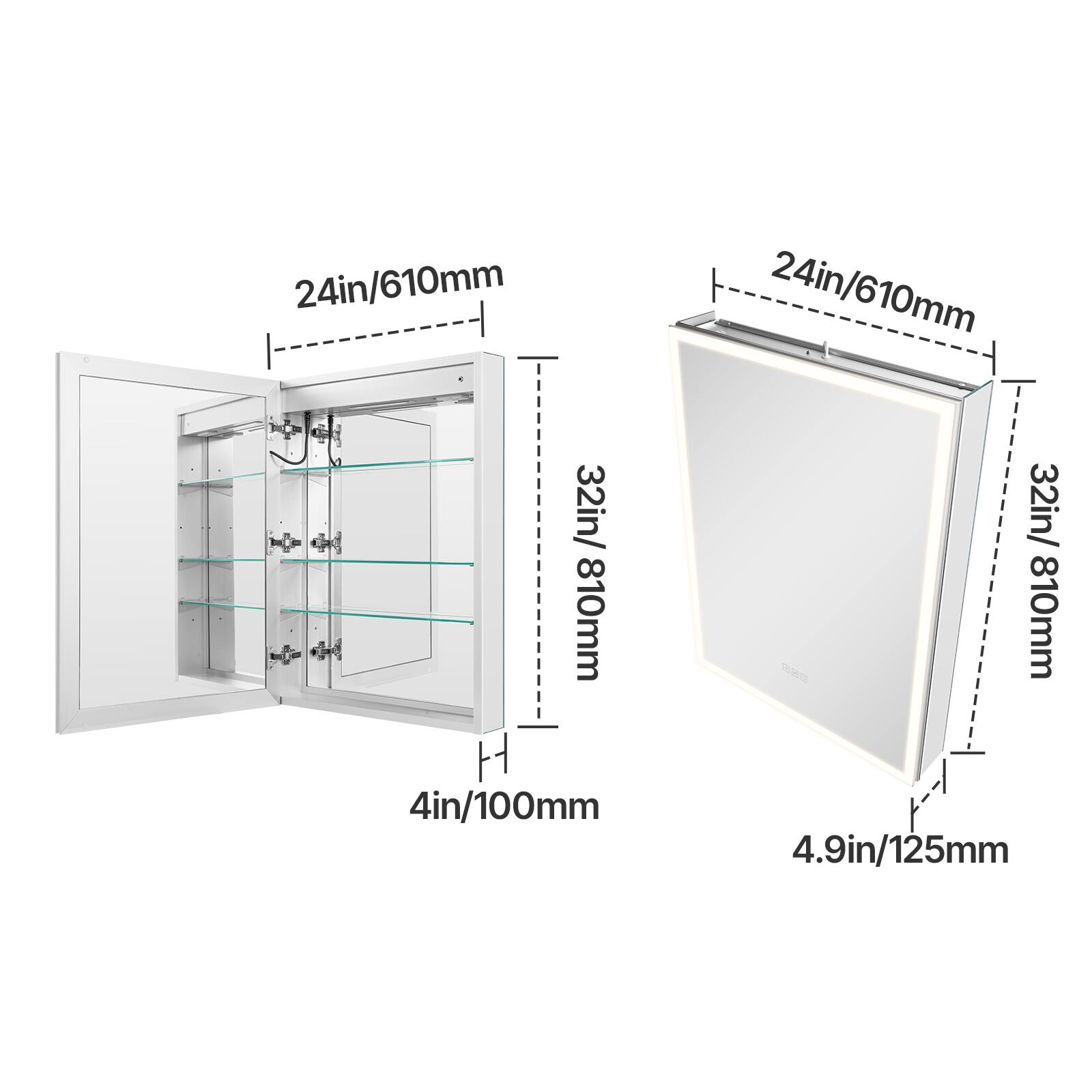 24in/610mm, 24in/610mm, 32in/810mm, 32in/810mm, 4in/100mm, 4.9in/125mm