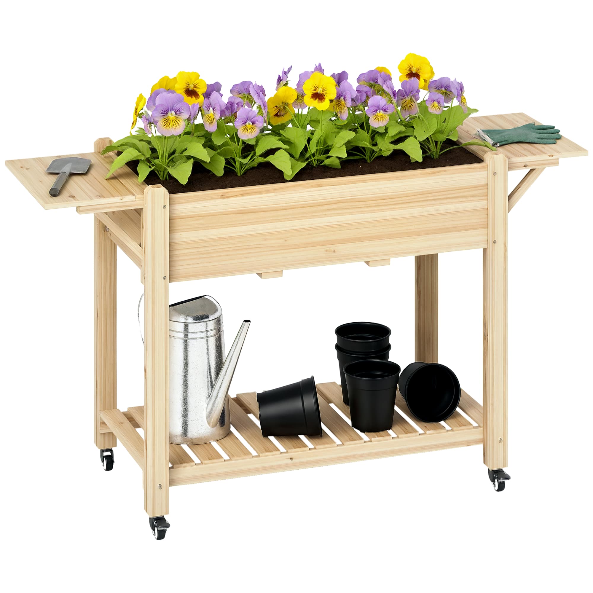 Outsunny - Raised Garden Bed, 57 x 20.5 x 34 in Wood Elevated Planter Box with Lockable Wheels, Side Tables and Bottom Shelf - Natural Wood