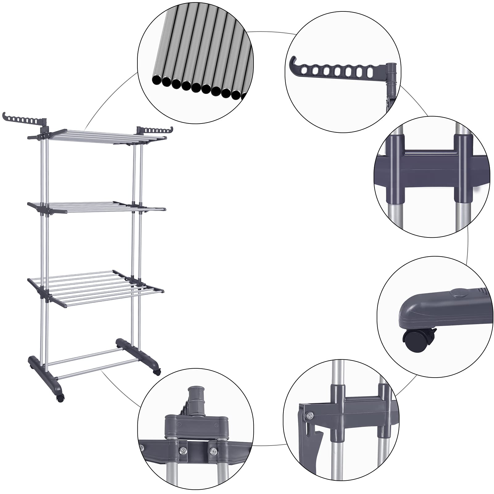 Alt View 5. Hirose Alice - Bigzzia Clothes Drying Rack Folding Drying Rack Clothing 4 Tier Clothes Horses Rack Stainless Steel Laundry - Grey White 4 Tier.