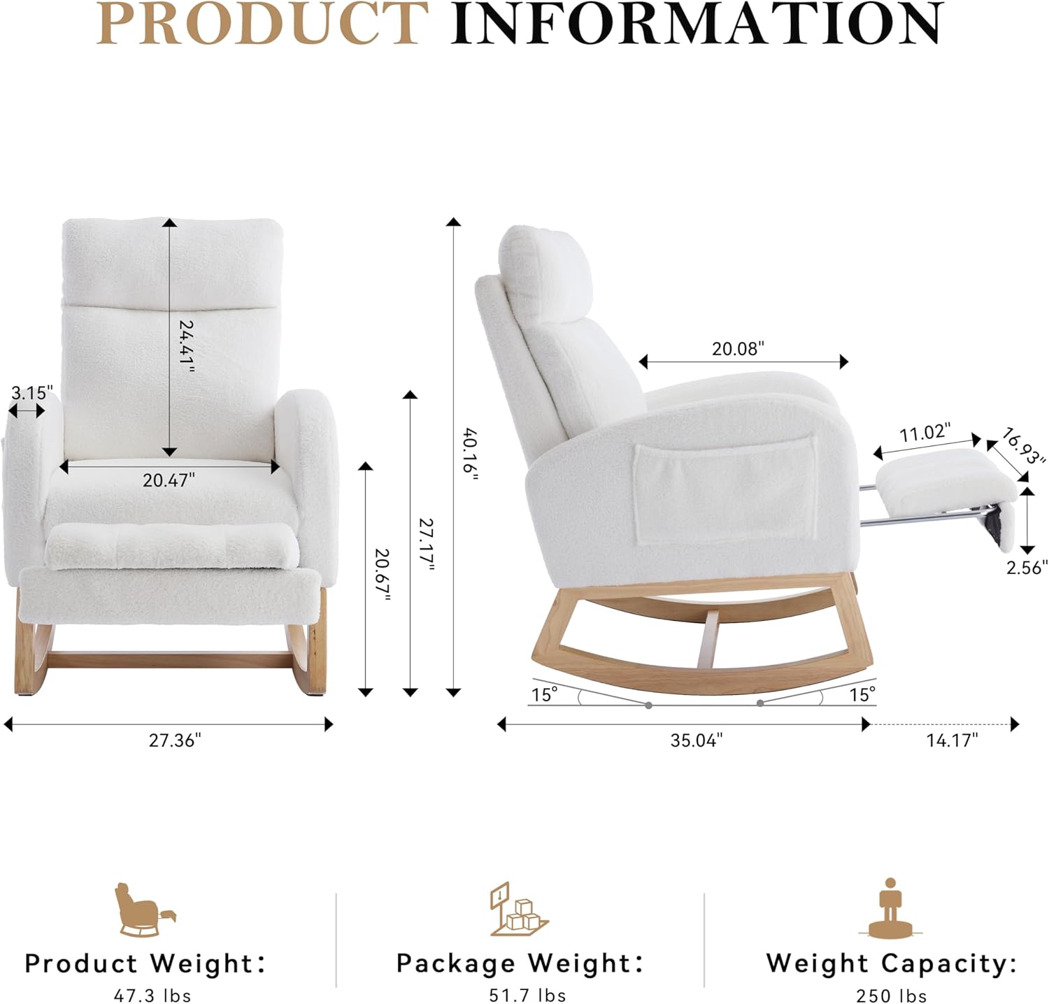 **PRODUCT INFORMATION**

- **Dimensions:**
  - Width: 27.36"
  - Depth: 24.41"
  - Height: 40.16"
  - Seat Height: 20.47"
  - Seat Depth: 20.67"
  - Arm Height: 27.17"
  - Back Height: 24.41"
  - Arm Width: 3.15"
  - Seat Width: 20.08"
  - Seat Depth: 11.02"
  - Armrest Height: 16.93"
  - Base Width: 35.04"
  - Base Depth: 14.17"
  - Base Height: 2.56"

- **Weights:**
  - Product Weight: 47.3 lbs
  - Package Weight: 51.7 lbs

- **Capacity:**
  - Weight Capacity: 250 lbs