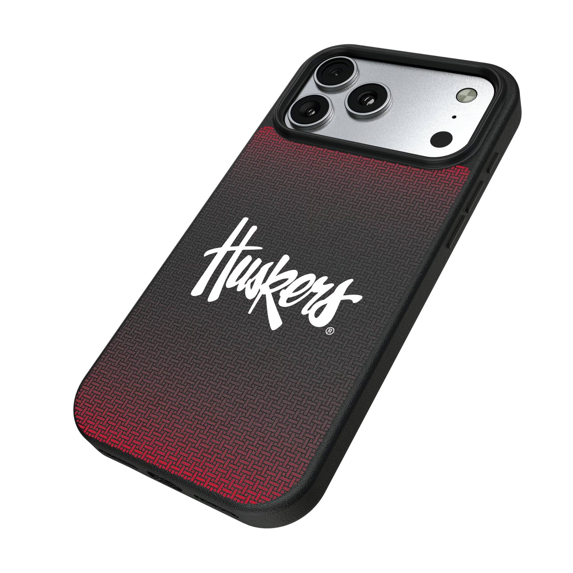 Alt View 1. Keyscaper - Nebraska Huskers Linen Logo iPhone Magnetic Bump Case - 15 Pro - Black.