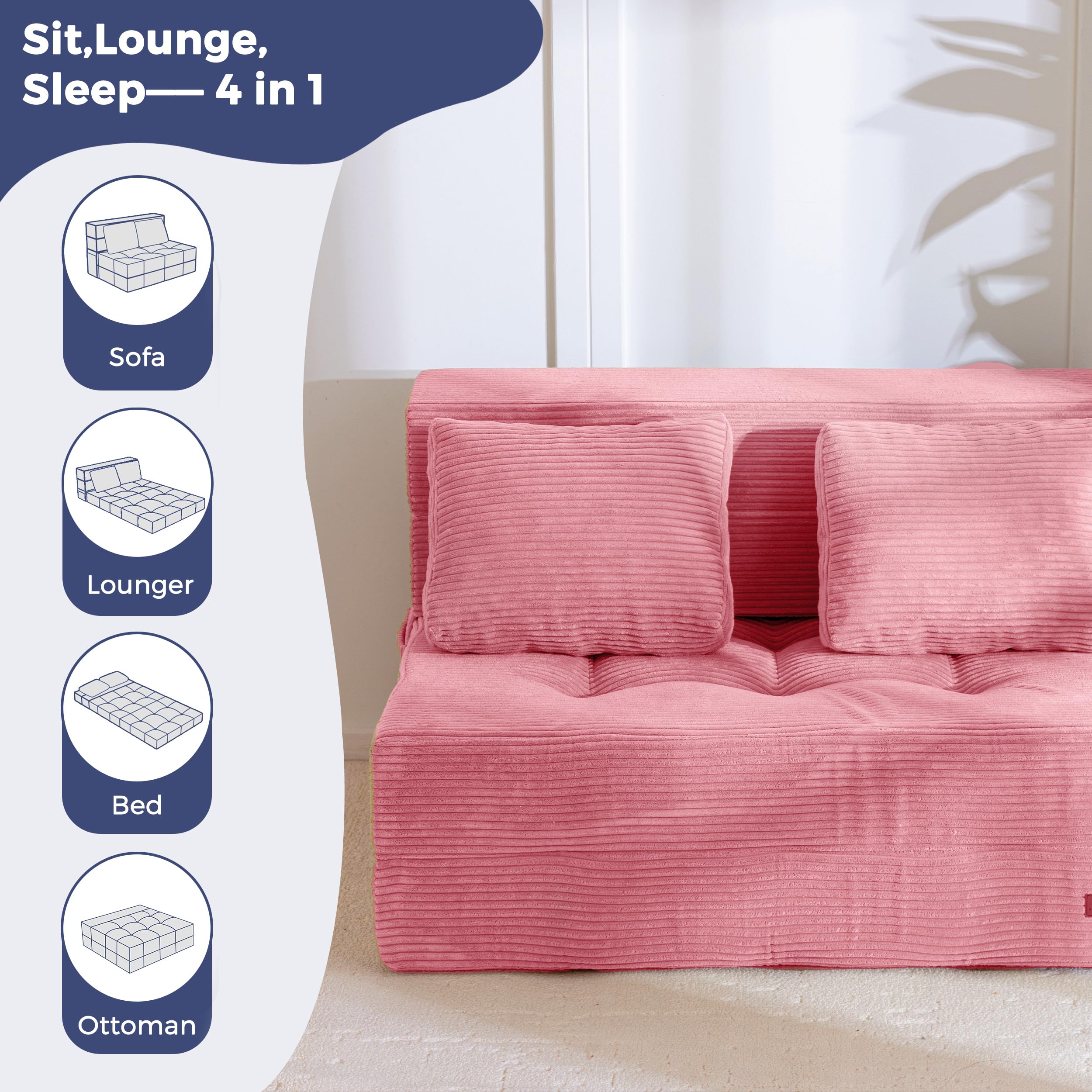 Sit, Lounge, Sleep—4 in 1

- Sofa
- Lounger
- Bed
- Ottoman