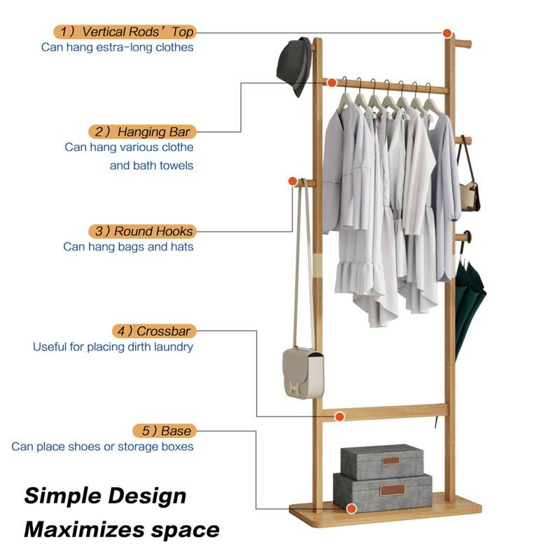 1) Vertical Rods' Top  
Can hang extra-long clothes  

2) Hanging Bar  
Can hang various clothes and bath towels  

3) Round Hooks  
Can hang bags and hats  

4) Crossbar  
Useful for placing dirty laundry  

5) Base  
Can place shoes or storage boxes  

Simple Design Maximizes space