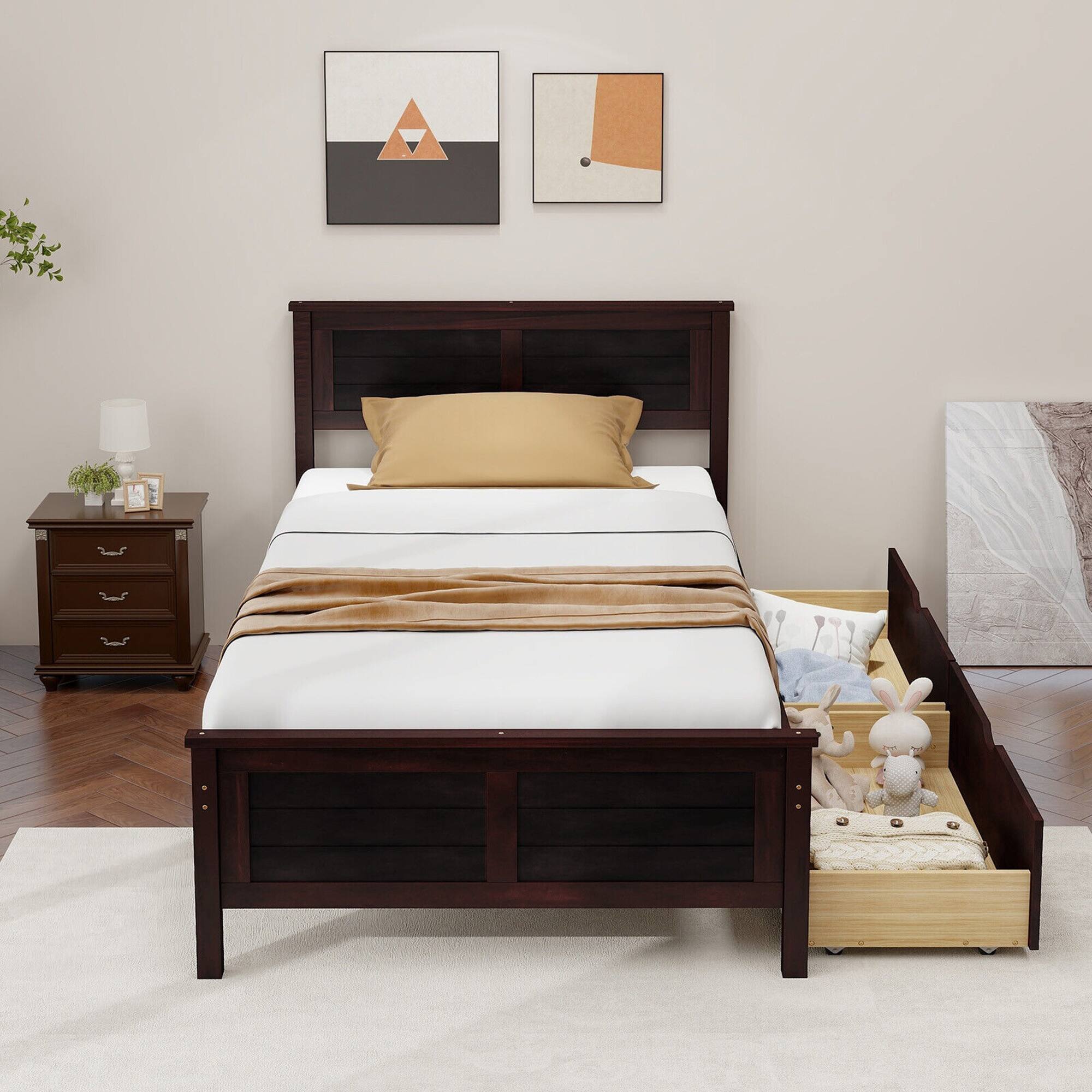Alt View 3. Gymax - Gymax Twin Size Wooden Bed Frame with 2 Storage Drawers & Under-bed Storage Espresso - Espresso.