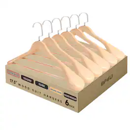BP4U - 6-Pack Premium Wide Shoulder Wooden Suit Hangers, 17.5" Men's Solid Wood Clother Hangers with Pant Bar - Natural Wood