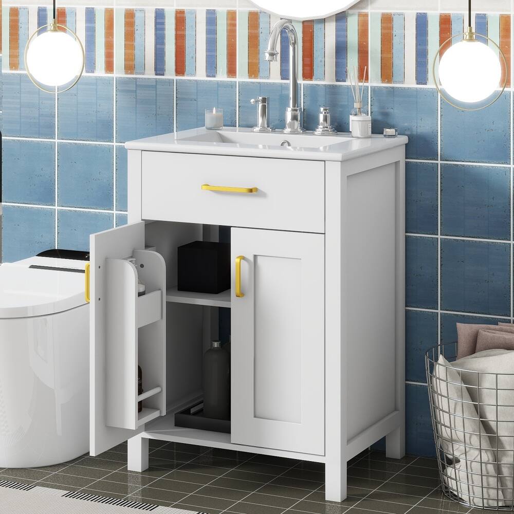 Left. Loheer - Loheer 24 inch bathroom vanity with sink White Freestanding Cabinet with Gold Hardware - White.