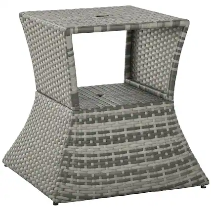 Front. Outsunny - Outdoor Side Table with Umbrella Hole, 2 Tier Rattan Wicker End Table with Storage Shelf, All Weather for Outdoor - Gray.