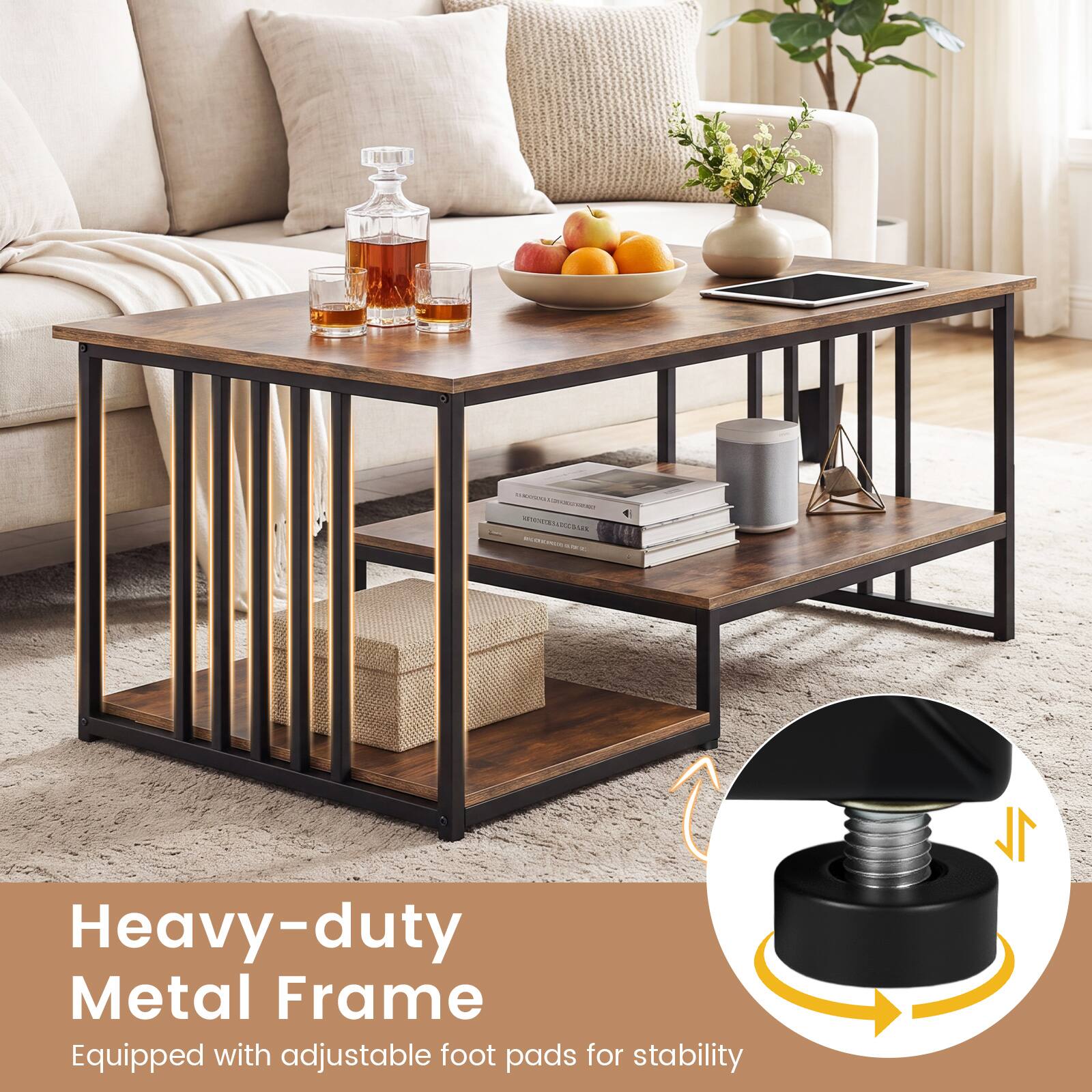 Heavy-duty Metal Frame  
Equipped with adjustable foot pads for stability