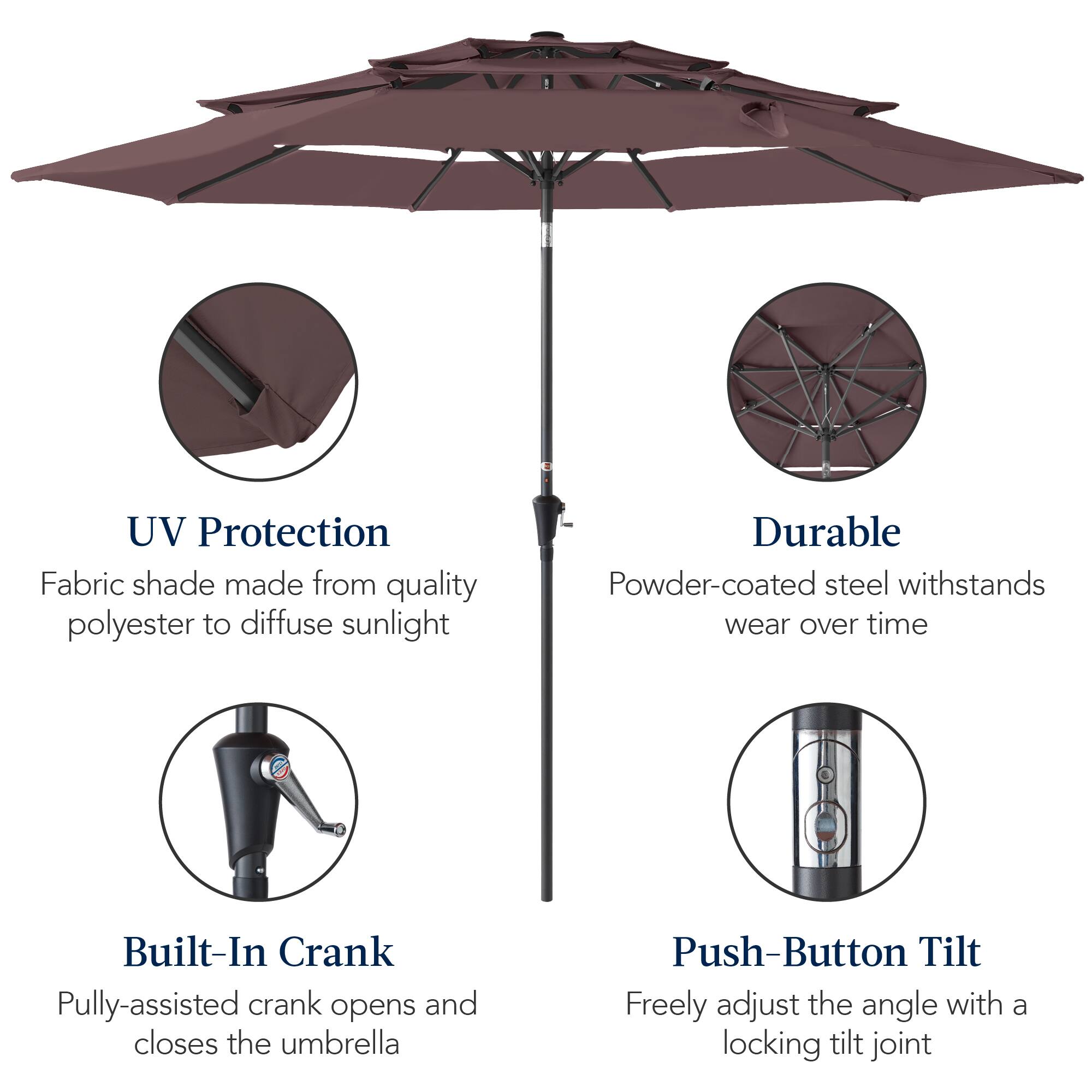 UV Protection: Fabric shade made from quality polyester to diffuse sunlight.

Durable: Powder-coated steel withstands wear over time.

Built-In Crank: Pulley-assisted crank opens and closes the umbrella.

Push-Button Tilt: Freely adjust the angle with a locking tilt joint.