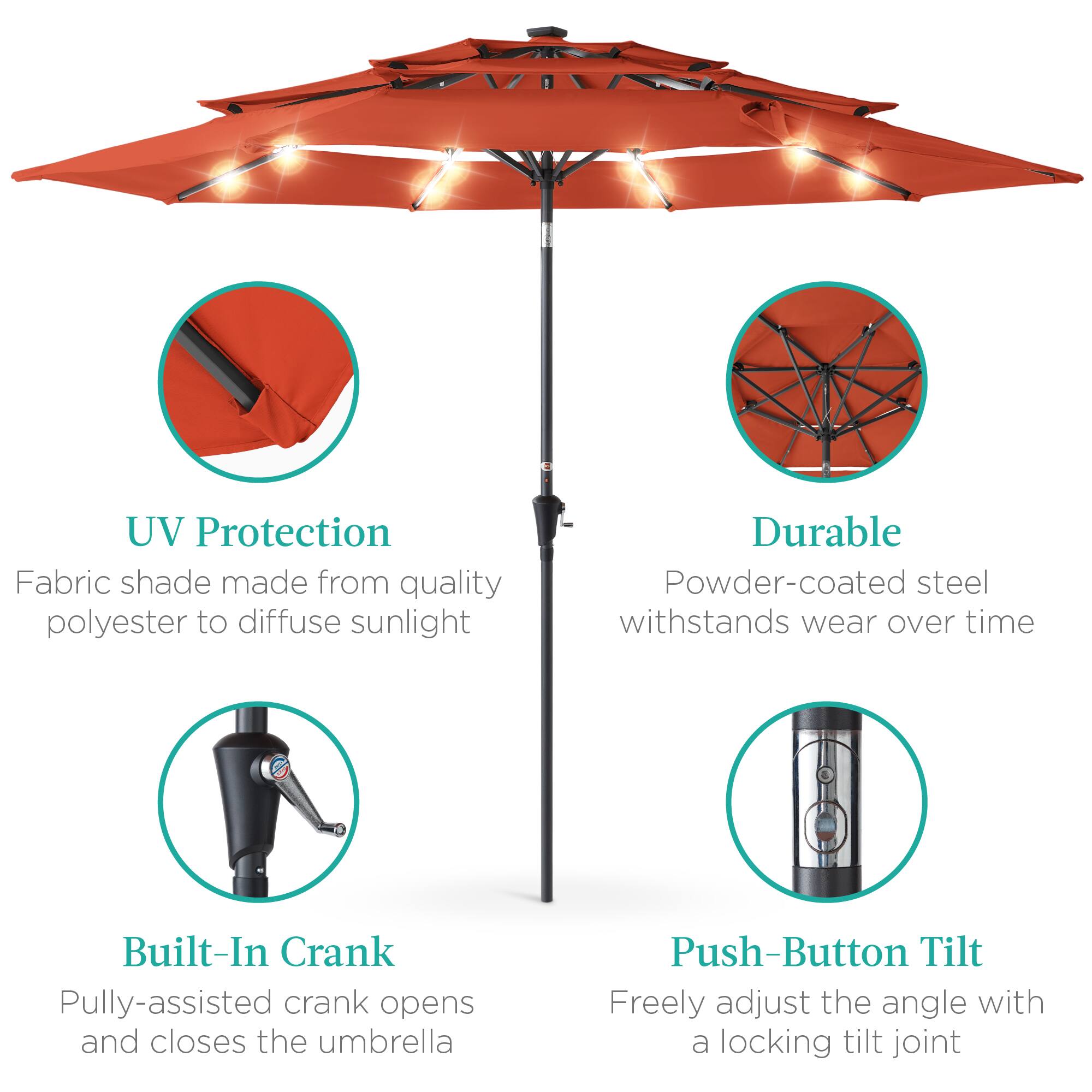 - UV Protection  
  Fabric shade made from quality polyester to diffuse sunlight

- Durable  
  Powder-coated steel withstands wear over time

- Built-In Crank  
  Pully-assisted crank opens and closes the umbrella

- Push-Button Tilt  
  Freely adjust the angle with a locking tilt joint