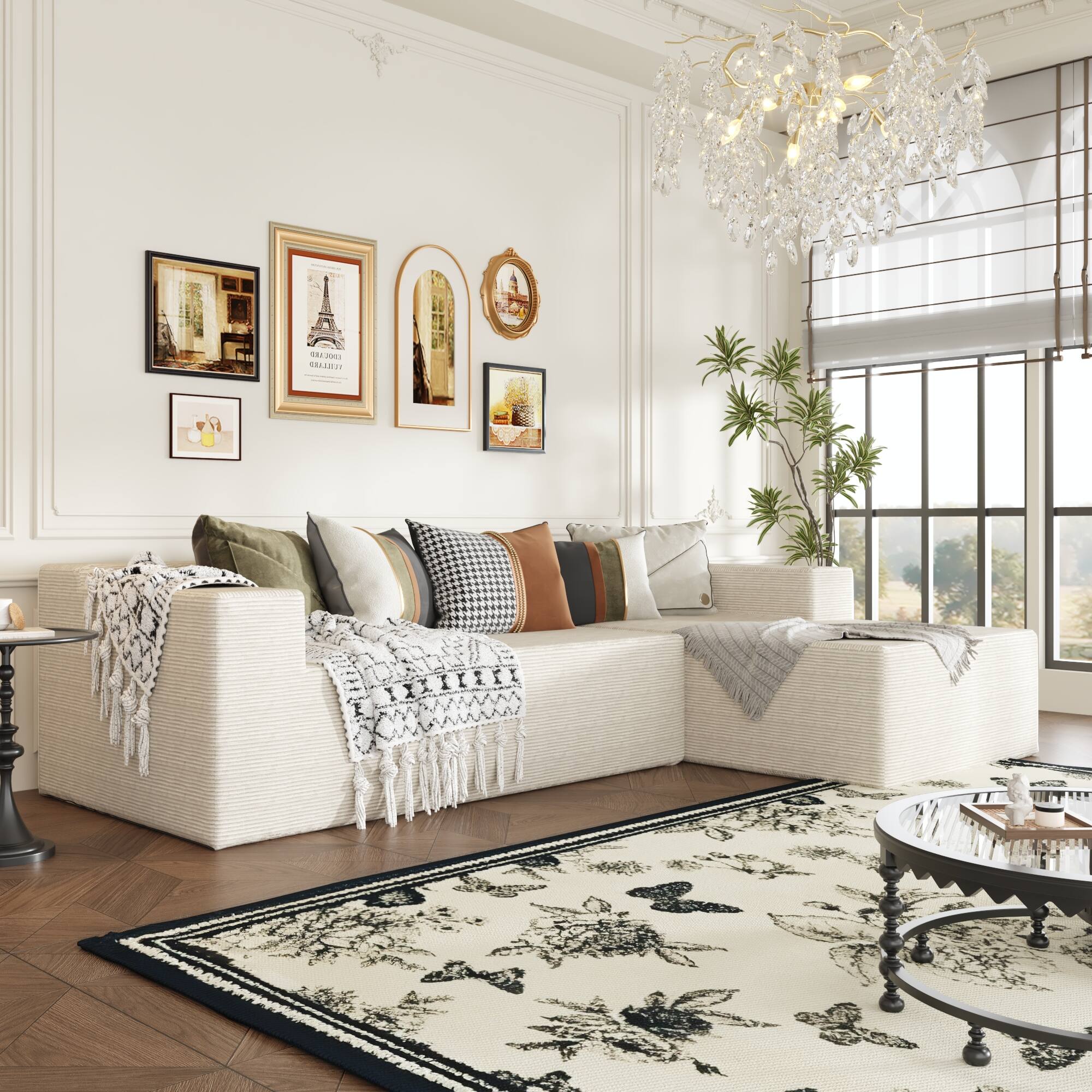 Left. FUFU&GAGA - Beige Corduroy L-Shaped Sectional Sofa with Chaise, High-Resilience Foam Cushions and Throw Pillows - Beige.