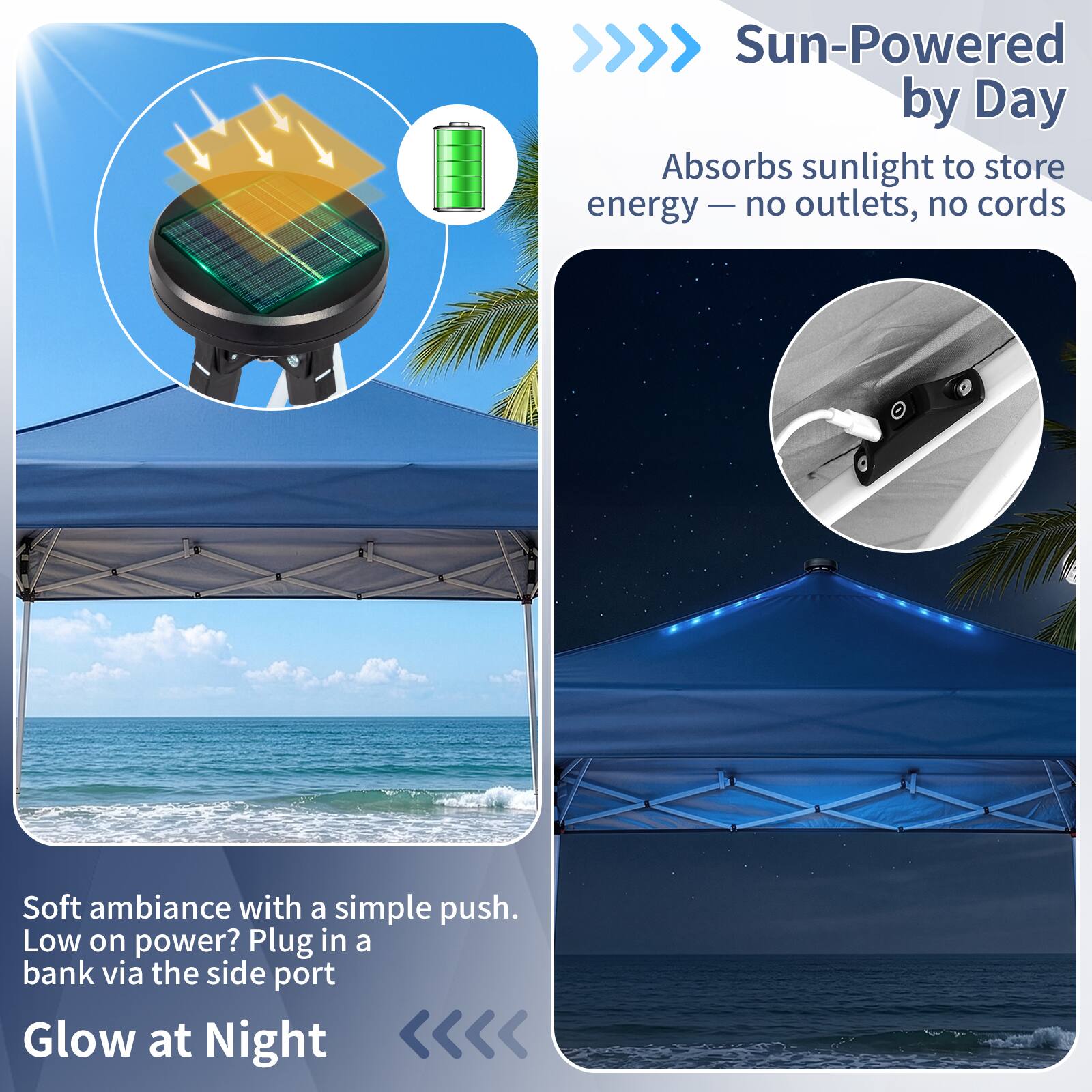 Sun-Powered by Day  
Absorbs sunlight to store energy — no outlets, no cords  

Soft ambiance with a simple push.  
Low on power? Plug in a bank via the side port  

Glow at Night