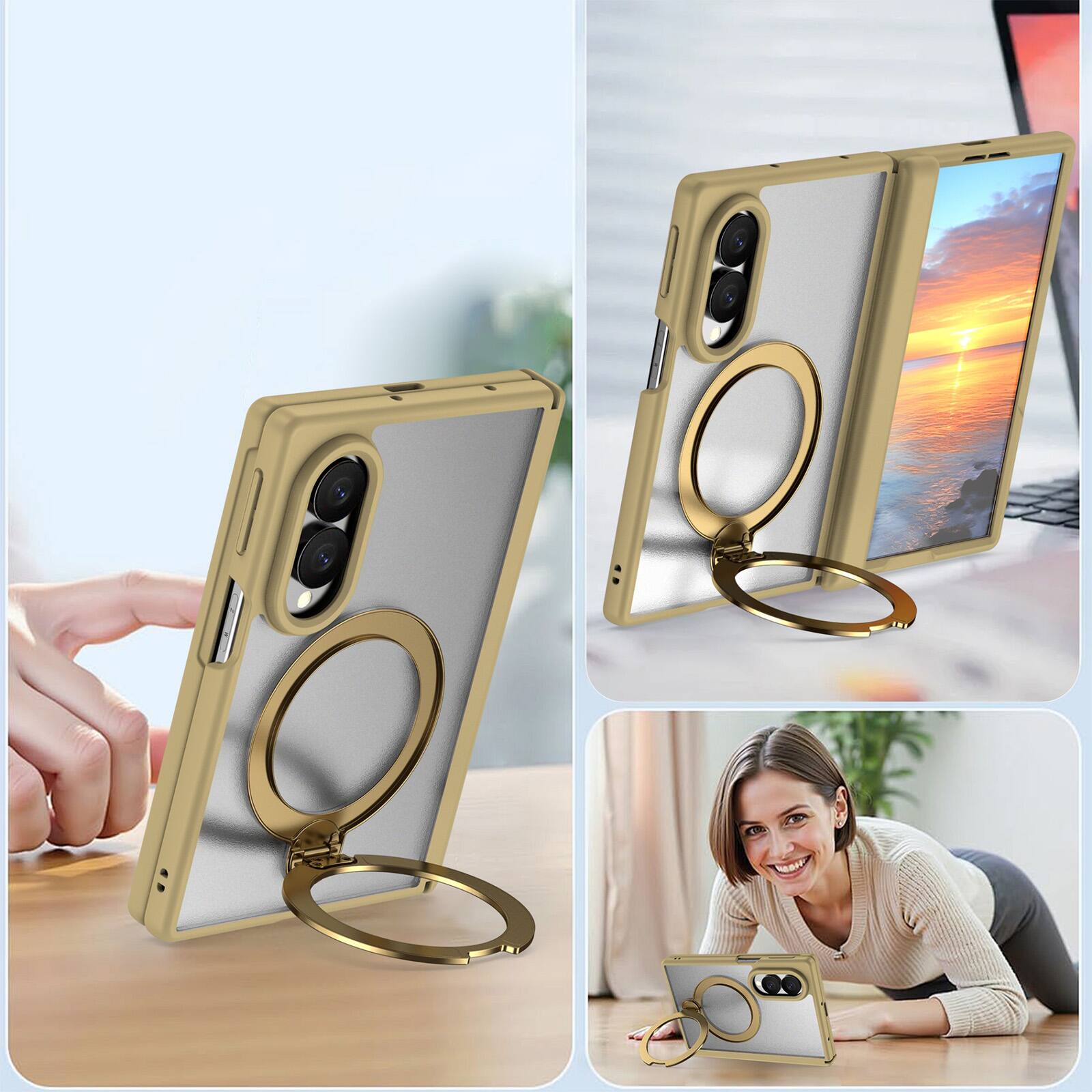 Alt View 3. Dteck - For Samsung Galaxy Z Fold8 Magnetic Case Built-in Screen Protector,Shockproof Ring Stand Clear Back Hinge Protect Cover - Gold.