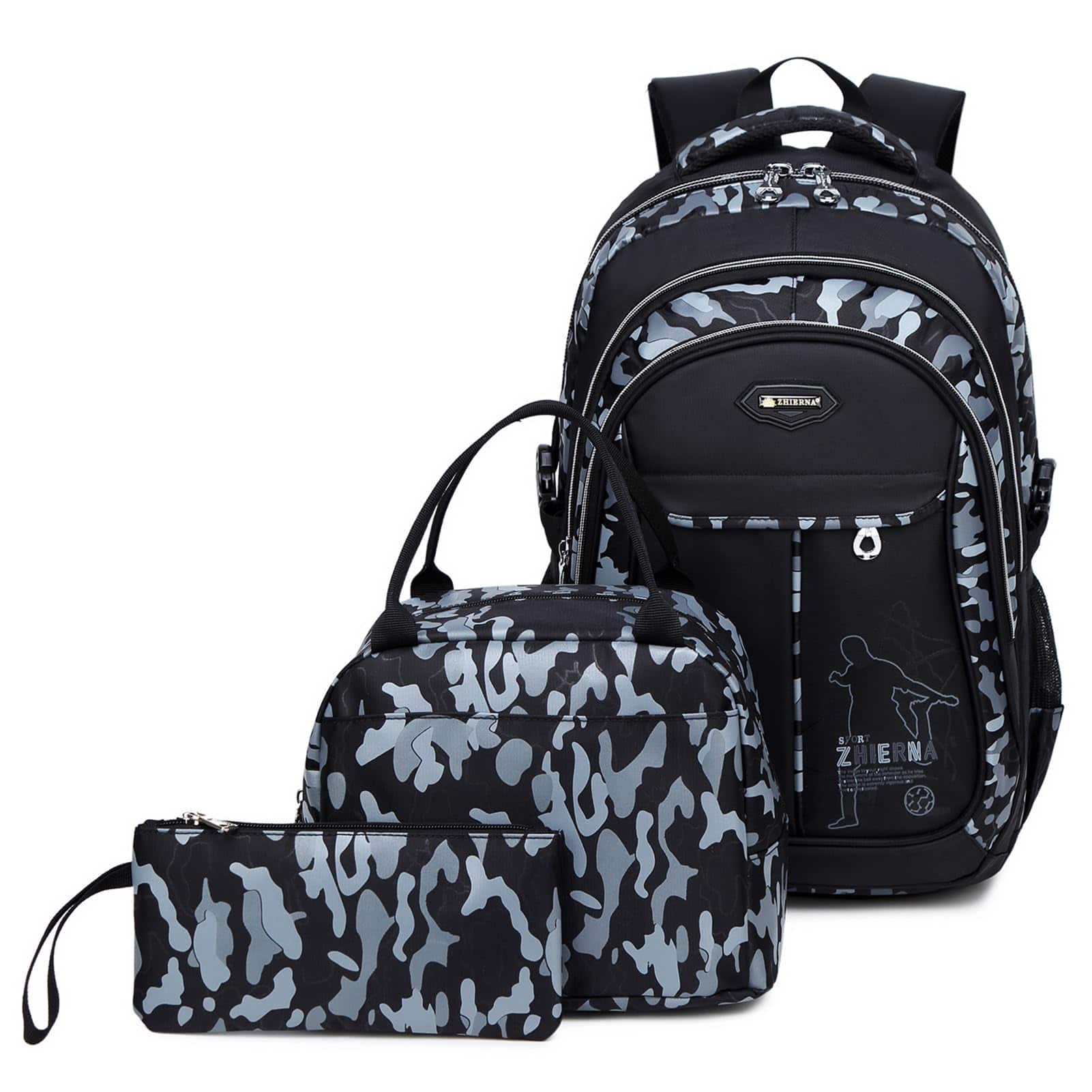Pacoar Cade - School Backpack For Cool Camouflage Bookbags With Lunch Box Pencil Case 3pcs Middle - Gray