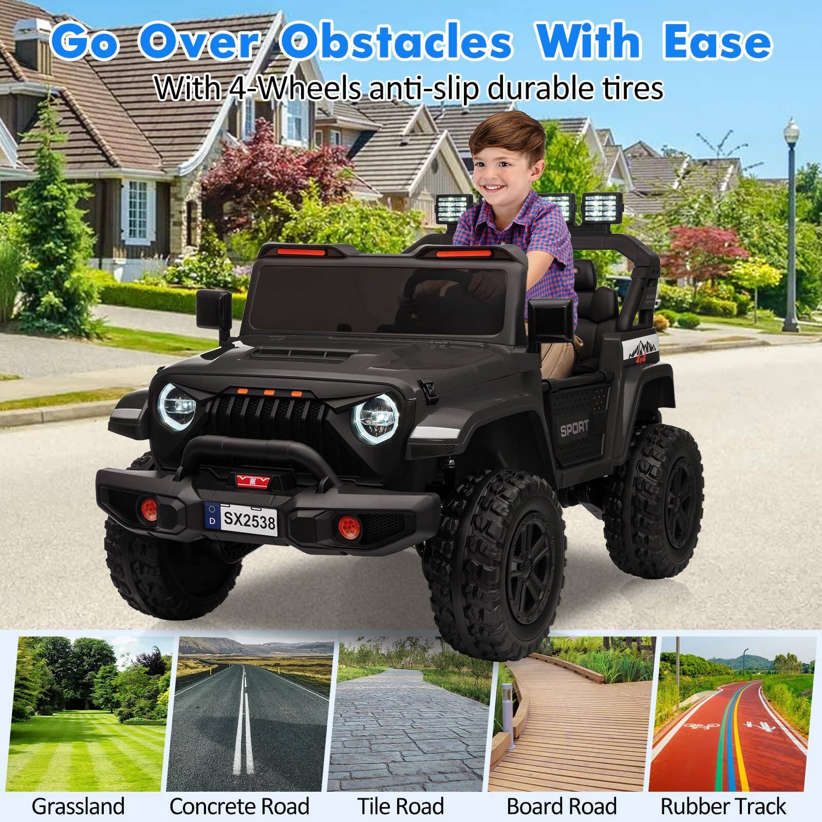 Go Over Obstacles With Ease  
With 4-Wheels anti-slip durable tires  

Grassland  
Concrete Road  
Tile Road  
Board Road  
Rubber Track