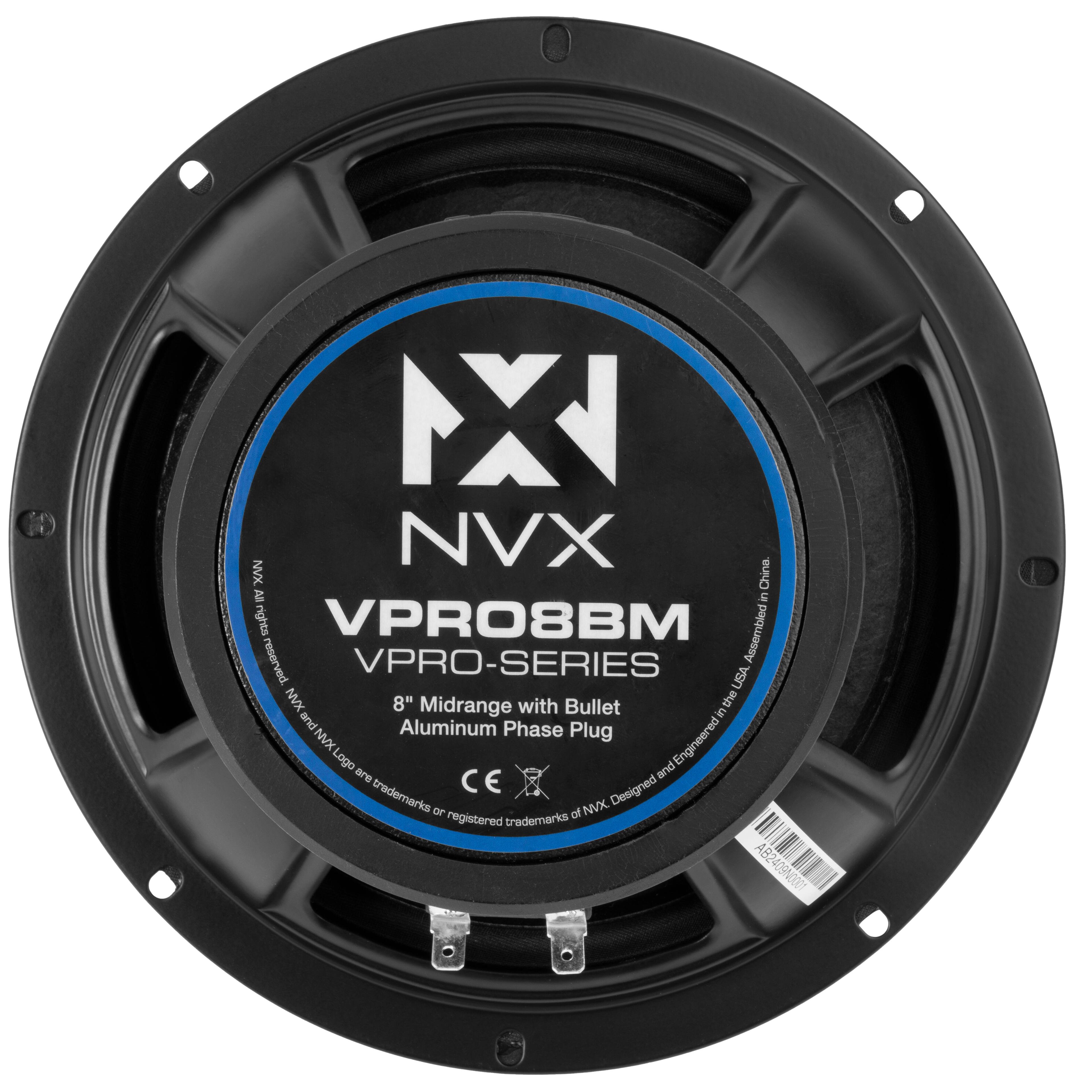 NXI NVX NVK China Al C rights VPRO8BM Assembled reserved. VPRO-SERIES USA NVX 8" Midrange with Bullet the NVX Logo pue Aluminum Phase Plug NVX Logo Engineered are and CE Designed trademarks or of NVX registered trademarks AB2409N0001