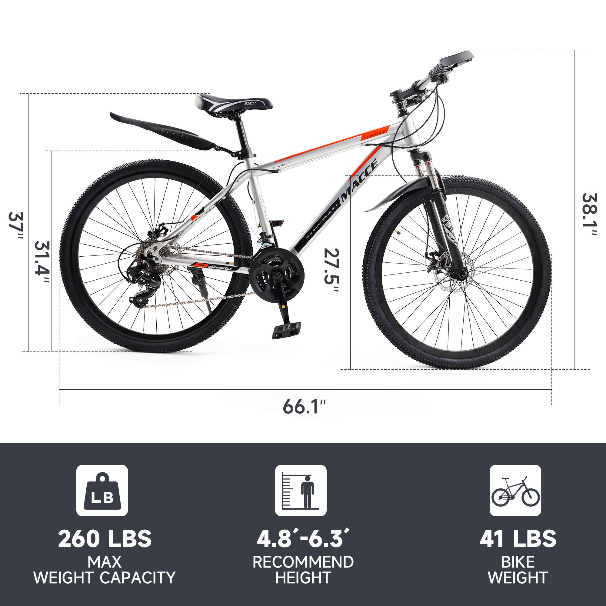 - R 37" 31.4" = MACCE M 27.5" E 38.1" 1 66.1" LB 260 LBS MAX WEIGHT CAPACITY 4.8'-6.3' RECOMMEND HEIGHT 41 LBS BIKE WEIGHT

Corrected:

- R 37" 31.4" = MACCE M 27.5" E 38.1" 1 66.1" LB 260 LBS MAX WEIGHT CAPACITY 4.8'-6.3' RECOMMEND HEIGHT 41 LBS BIKE WEIGHT