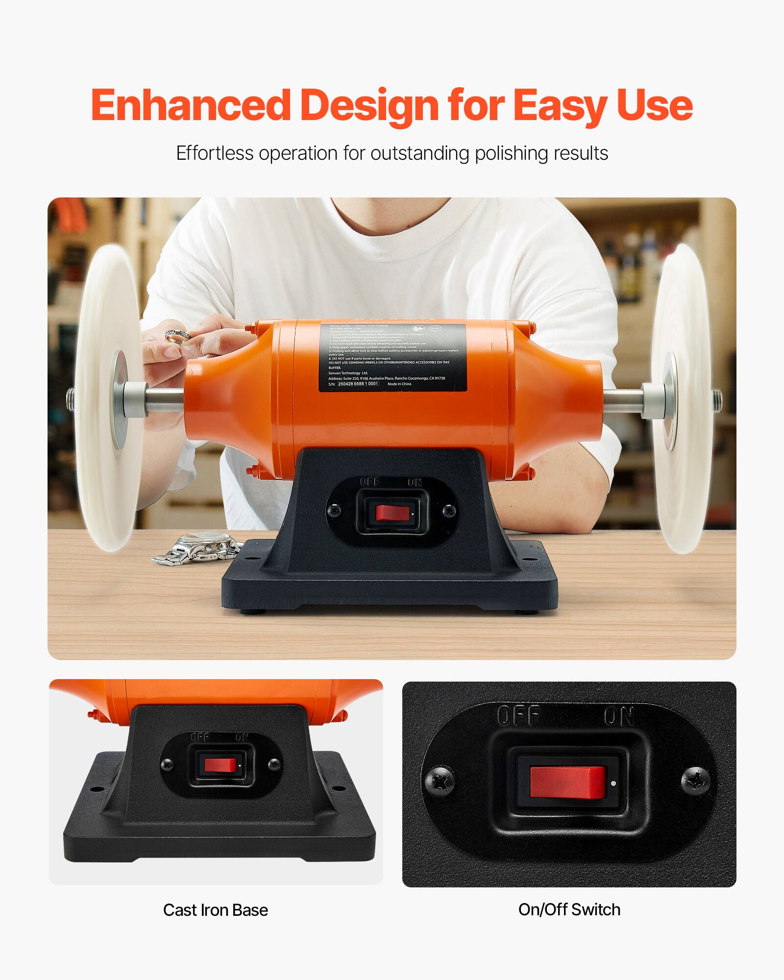 Enhanced Design for Easy Use  
Effortless operation for outstanding polishing results

CHICK DONGO - CHONOMIC - LA SODDIE - DO - Anatain.ru  
Commengs Qt 2% 2000 - -

OFF  
DES  
OFF  
ON  
OFF  
ON

Cast Iron Base  
On/Off Switch