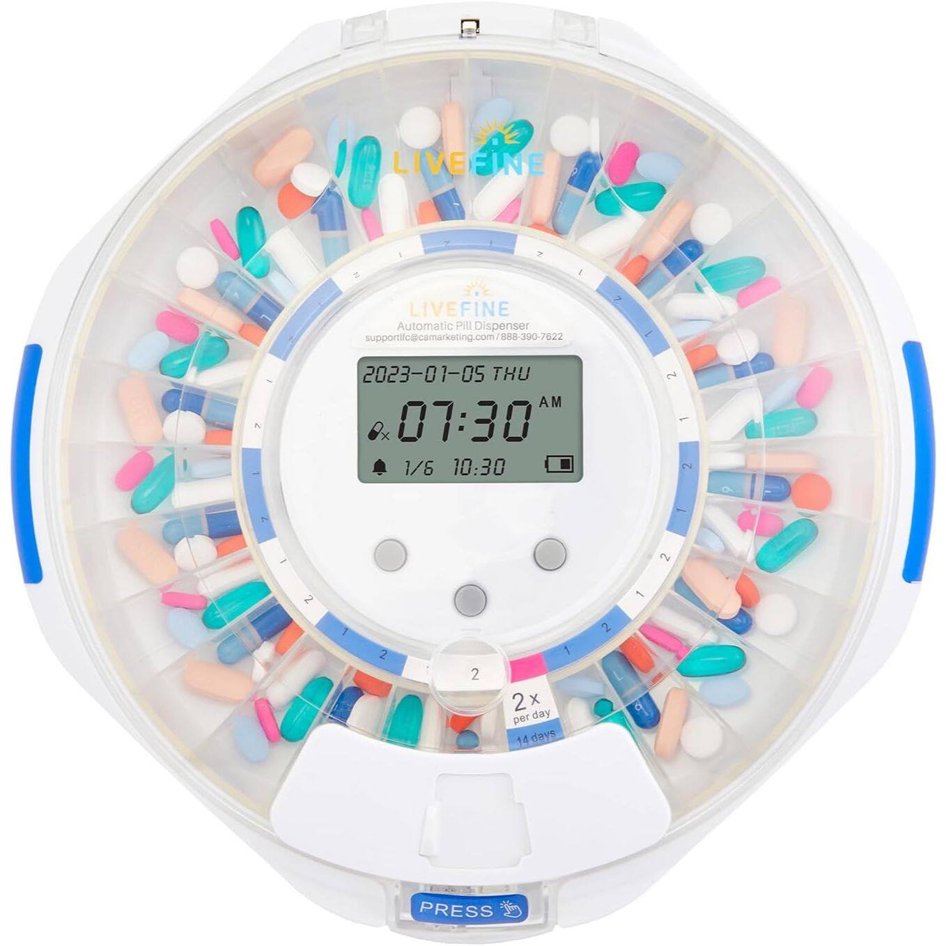 LIVEFINE Automatic Pill Dispenser  
supportifc@camarketing.com  
888-390-7622  

2023-01-05 THU AM 07:30  
1/6 10:30  

2x per day  
14 days  

PRESS