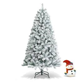 Ecooso - 6ft Snow Flocked Artificial Christmas Tree Hinged Design with Metal Stand for Winter-Themed Decor - White