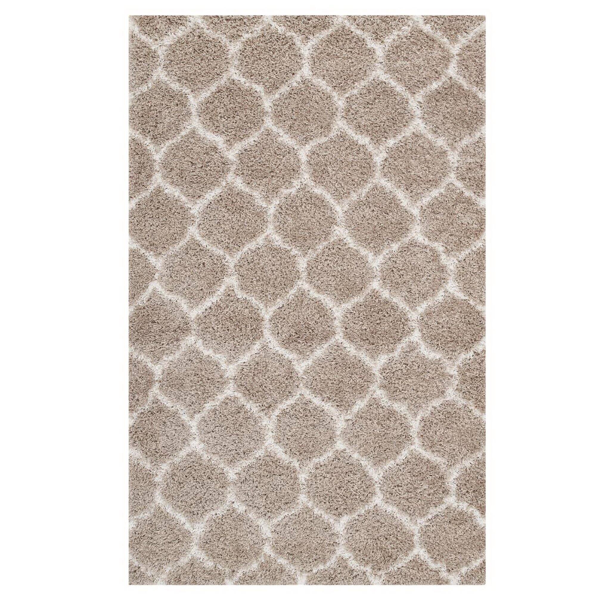 Angle. Modway - Solvea Moroccan Trellis Shag Area Rug - Beige and Ivory.