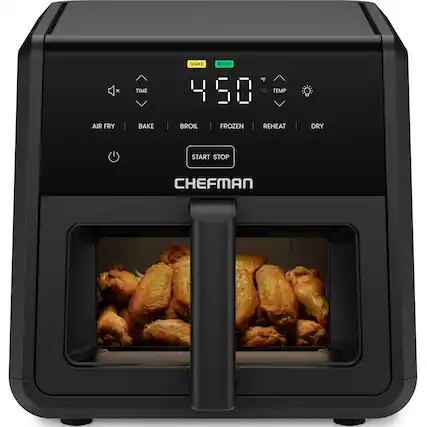 - TIME
- SHAKE
- READY
- 450
- TEMP
- AIR FRY
- BAKE
- BROIL
- FROZEN
- REHEAT
- DRY
- START
- STOP
- CHEFMAN
