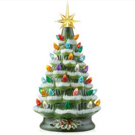 Casafield - 12-in Hand Painted Ceramic Christmas Tree - Pre-Lit Tree with Star - Green Snow Flocked