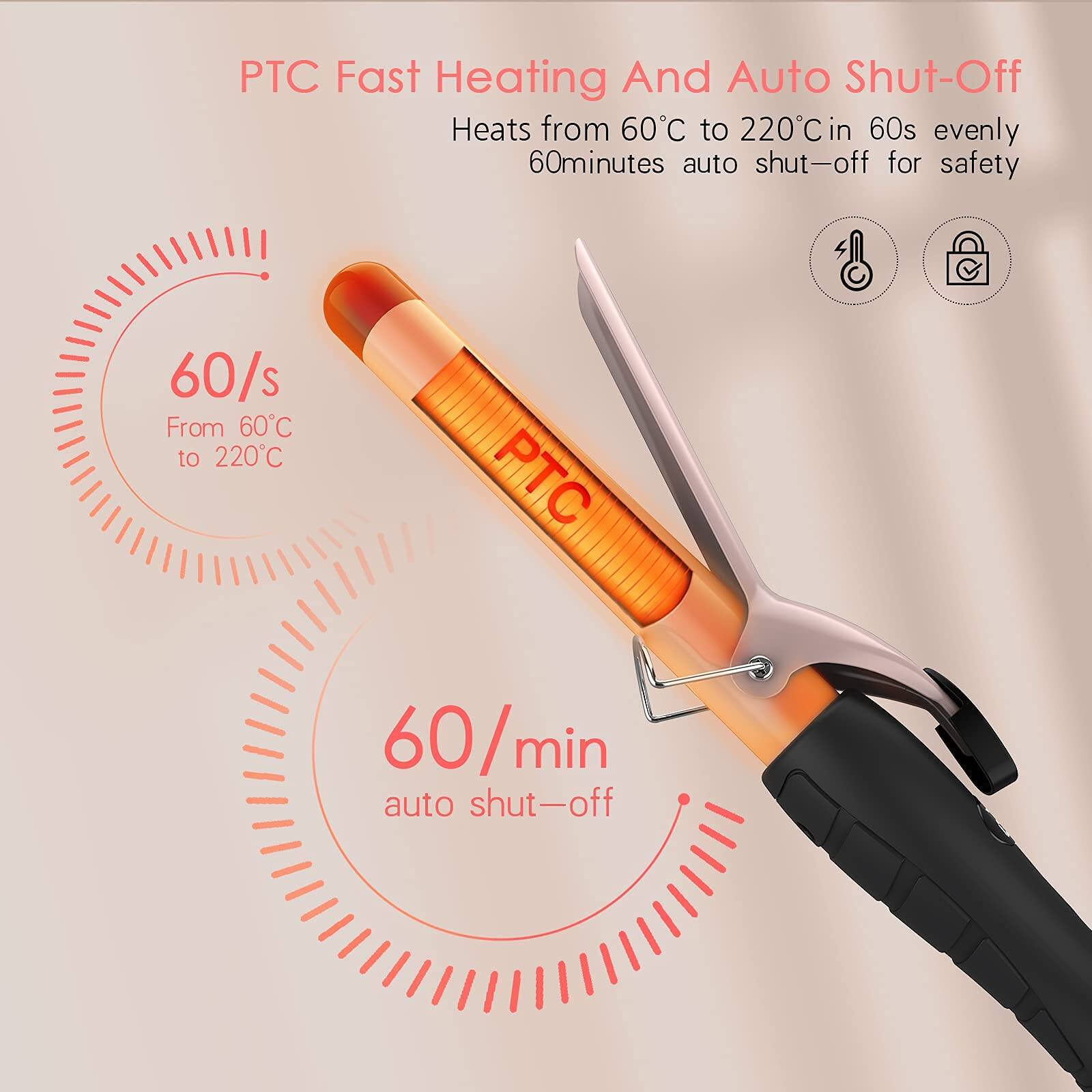 PTC Fast Heating And Auto Shut-Off

Heats from 60°C to 220°C in 60s evenly  
60 minutes auto shut-off for safety

60/s  
From 60°C to 220°C

60/min  
auto shut-off