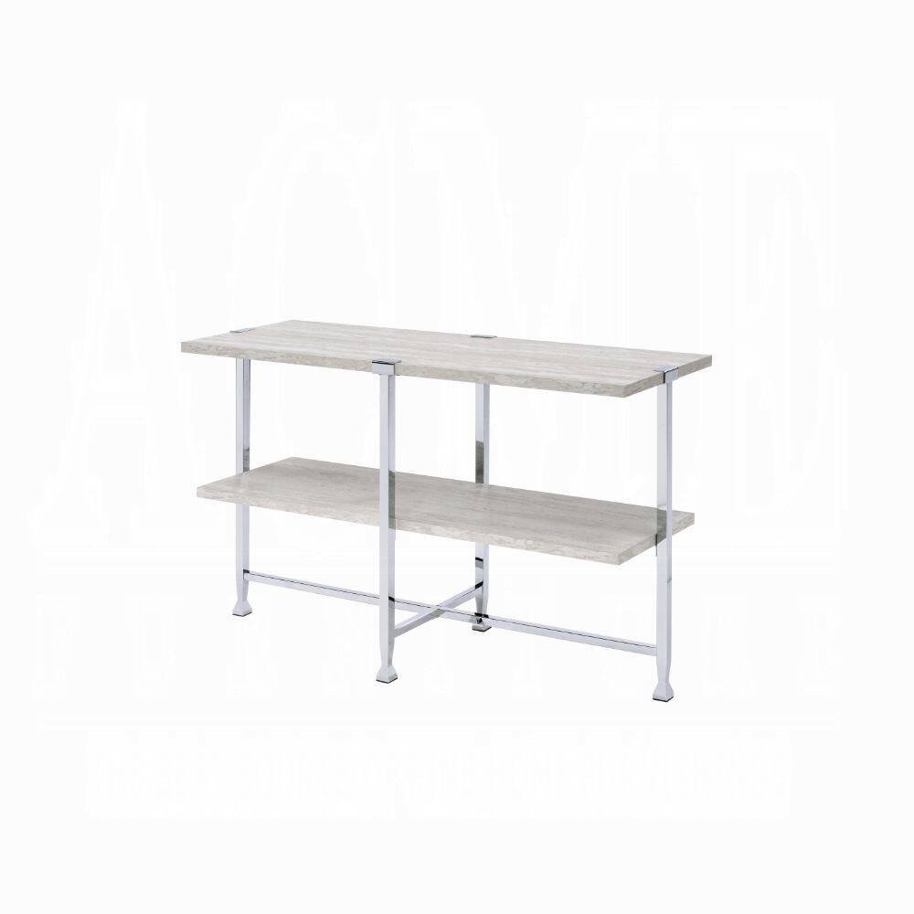 Front. Lirago - Modern Sofa Table with White Oak Top Chrome Cross Legs 30"H x 16"D x 48"W Console Table for Living Room - Oak.
