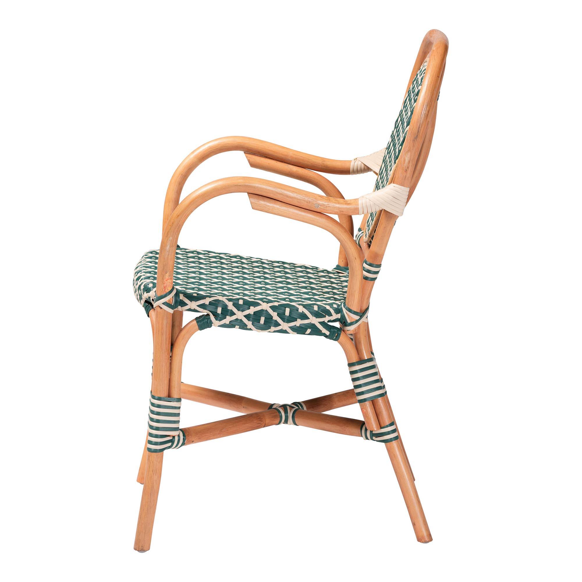 Left. bali & pari - Mattie Rattan Bistro Chair - Cafe-Style Dining Chair with Curved Arms for Indoor/Outdoor Lounge, Green - Natural Brown/Green/White.