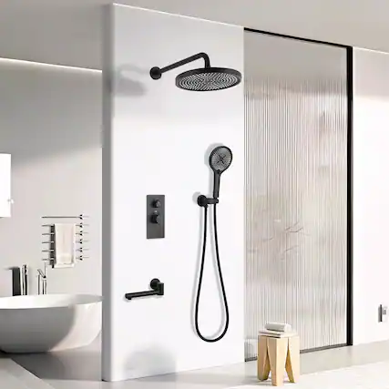 Front. Akoasm - 3-Function Shower System with 10" Rain Shower & Handheld, Solid Brass Valve, 304 Stainless, Bath/Shower Combo-Black - Matte Black.