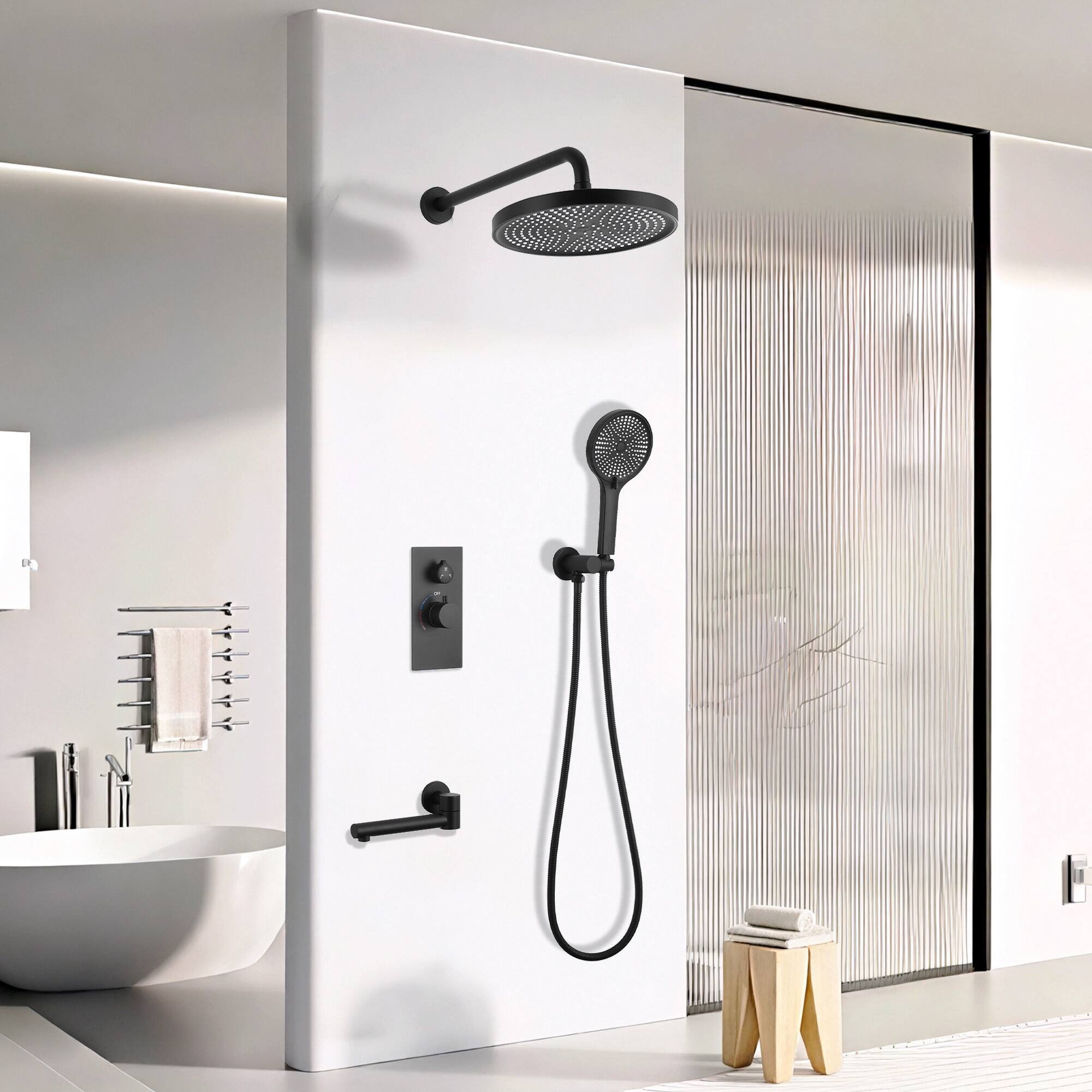 Front. Akoasm - 3-Function Shower System with 10" Rain Shower & Handheld, Solid Brass Valve, 304 Stainless, Bath/Shower Combo-Black - Matte Black.