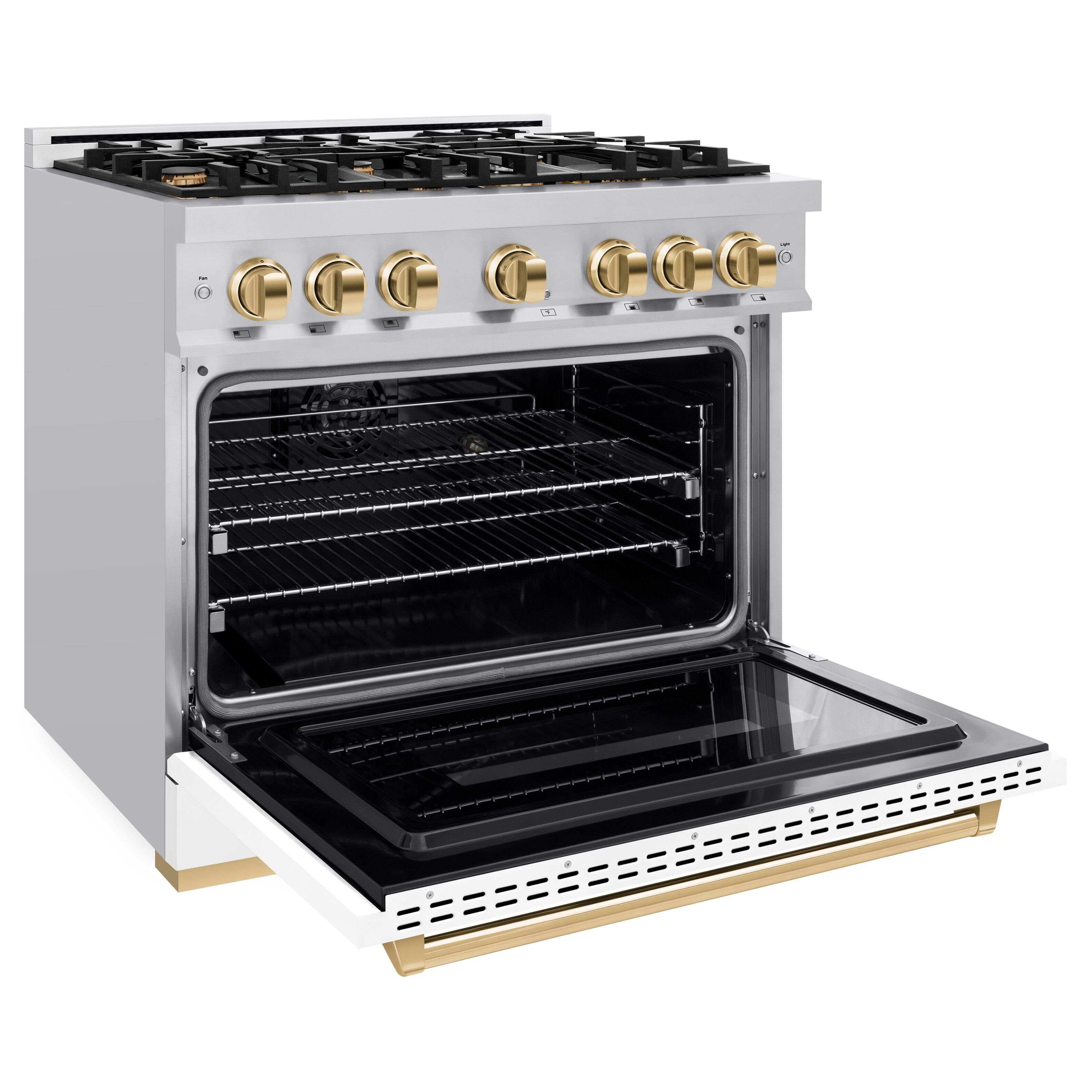 Left. ZLINE - ZLINE Autograph 36" Classic Dual Fuel Range with Gold Accents (CDRZ-WM-36-G) - White.