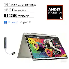 Lenovo - Yoga 7 2-in-1 Laptop 16.0 WUXGA (AMD Ryzen AI 5 340, 16GB LPDDR5X, 512GB SSD, Win 11 Home) w/USB Hub - Seashell